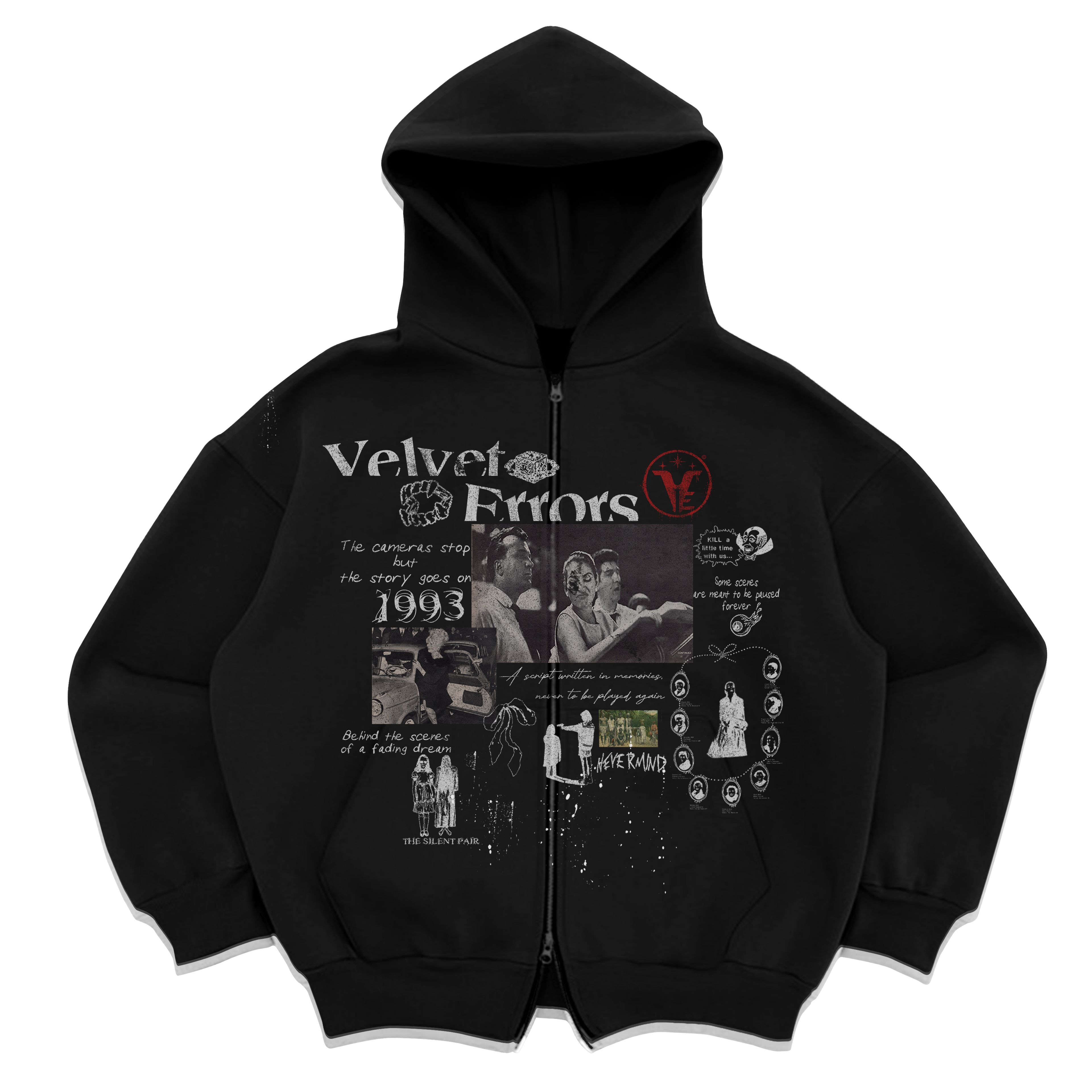Black Velvet Errors Fade Out Zip Up hoodie with front zipper and soft velvet fabric, casual streetwear style.