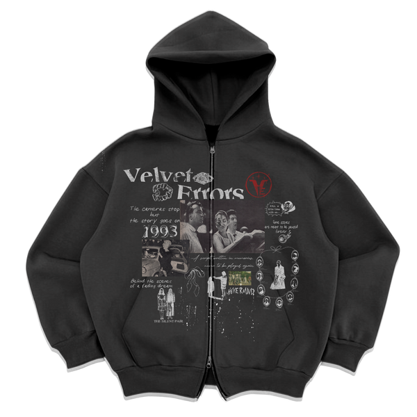 Black Velvet Errors Fade Out Zip Up jacket with a sleek design and front zipper, made from soft velvet fabric.