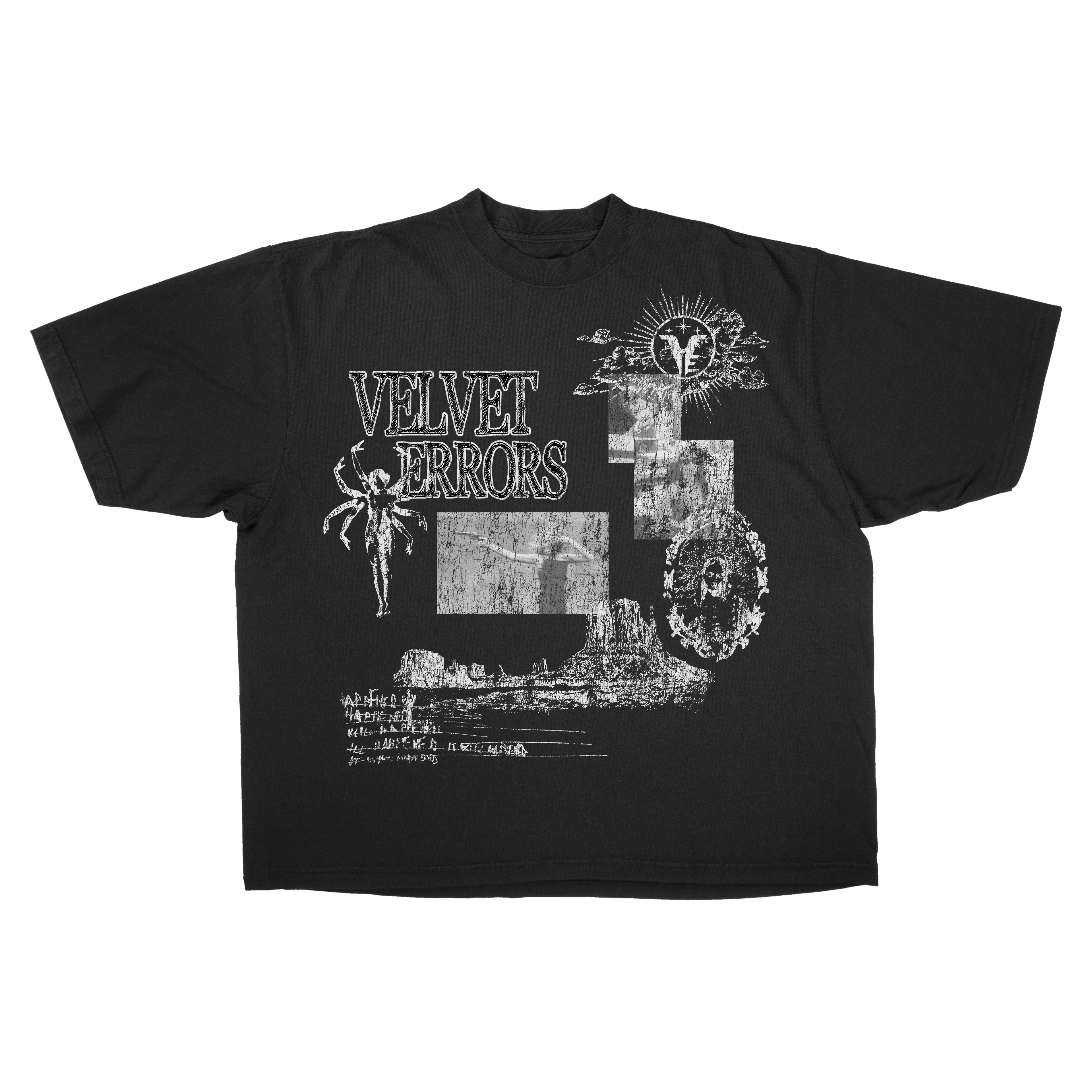 Black Mirage Drop Tee by Velvet Errors, featuring a relaxed fit and drop shoulder design, displayed on a hanger.