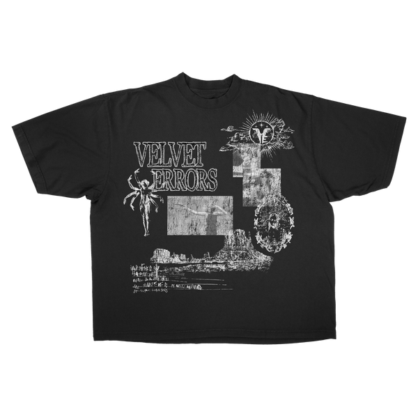 Black Mirage Drop Tee by Velvet Errors, featuring a relaxed fit and drop shoulder design, displayed on a hanger.