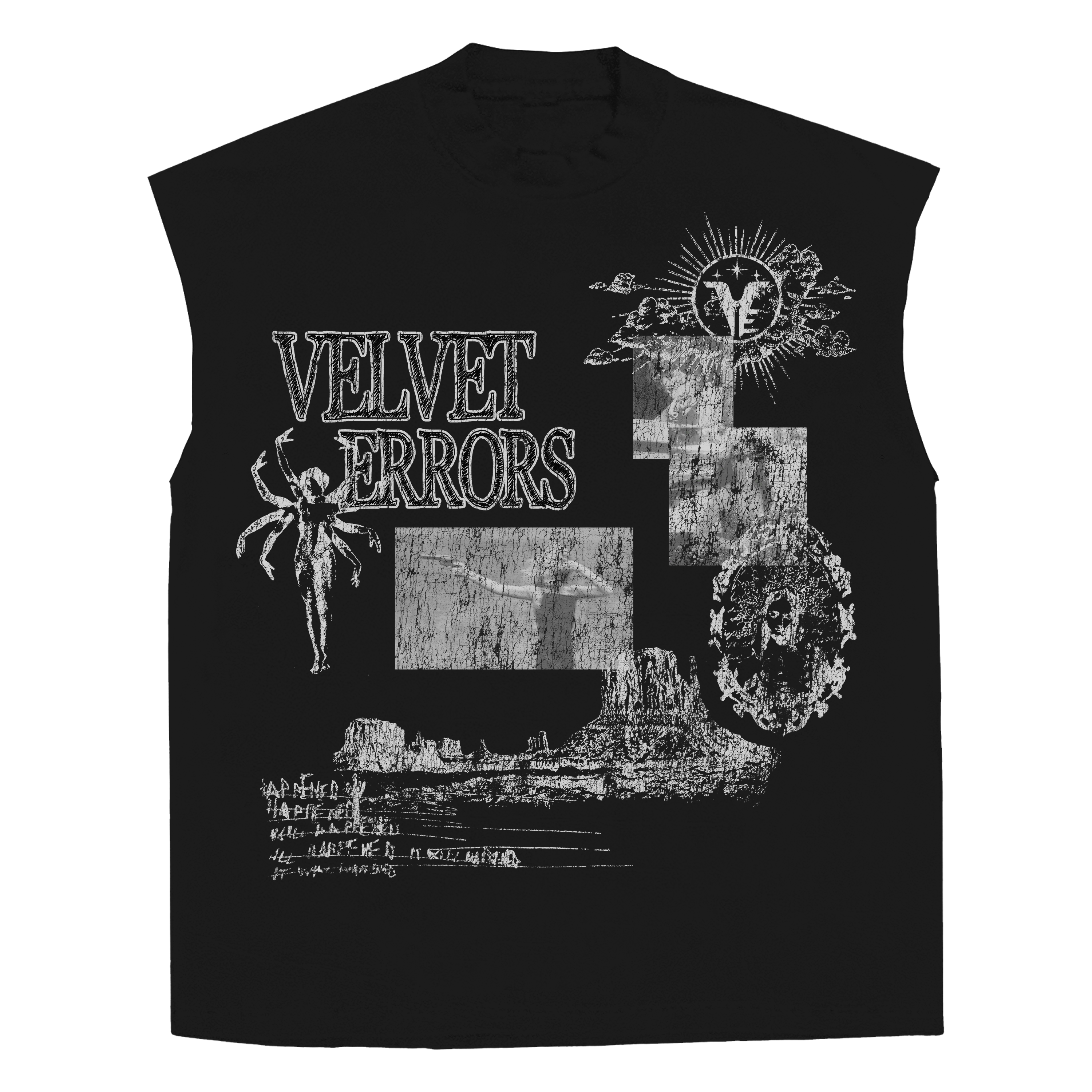 Black Velvet Errors Mirage Sleeveless Tee displayed on a white background, showcasing its sleek sleeveless design and soft fabric.
