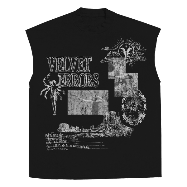 Black Velvet Errors Mirage Sleeveless Tee displayed on a white background, showcasing its sleek sleeveless design and soft fabric.