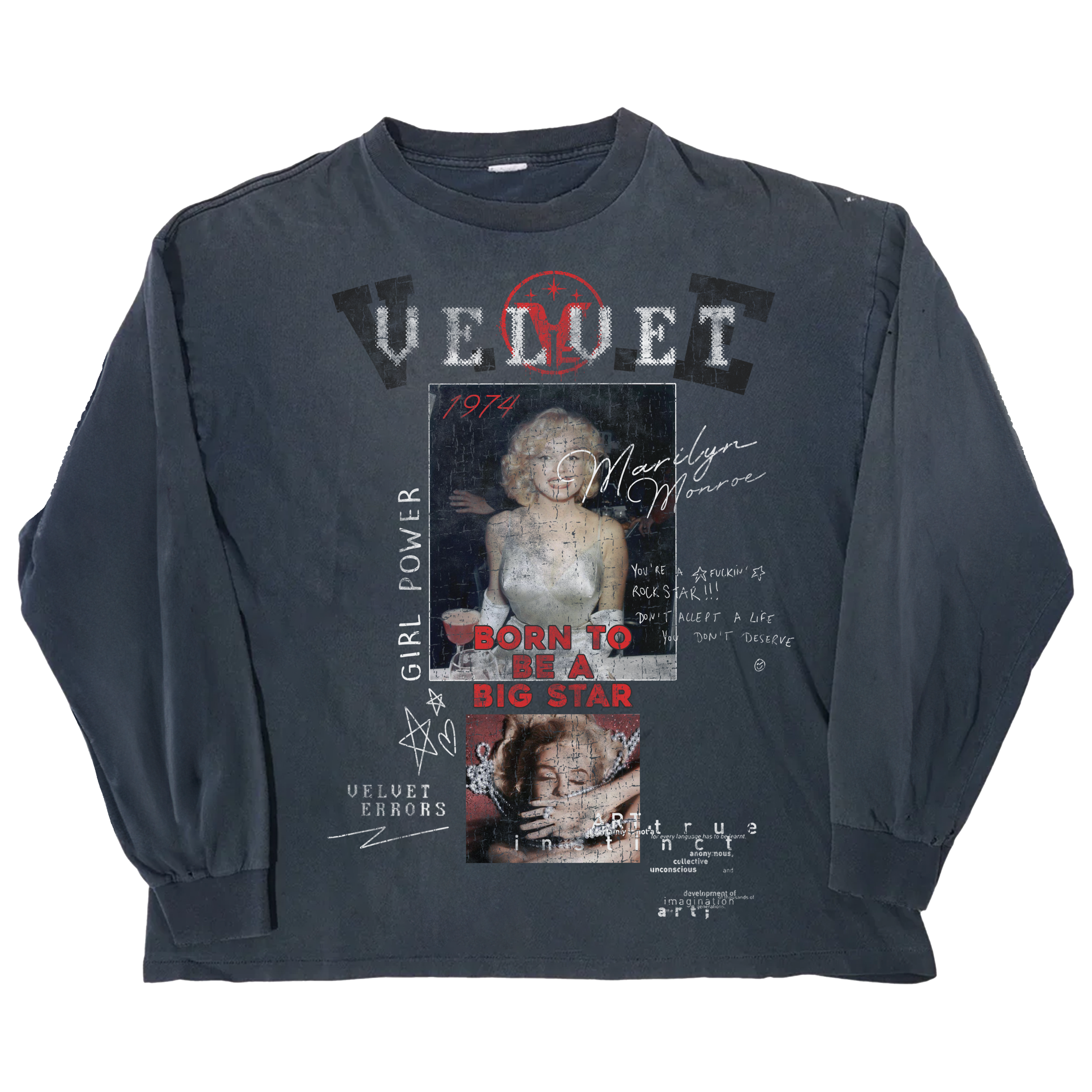 Black Velvet Errors Rockstar long sleeve shirt with a fitted design and crew neckline, displayed on a plain background.