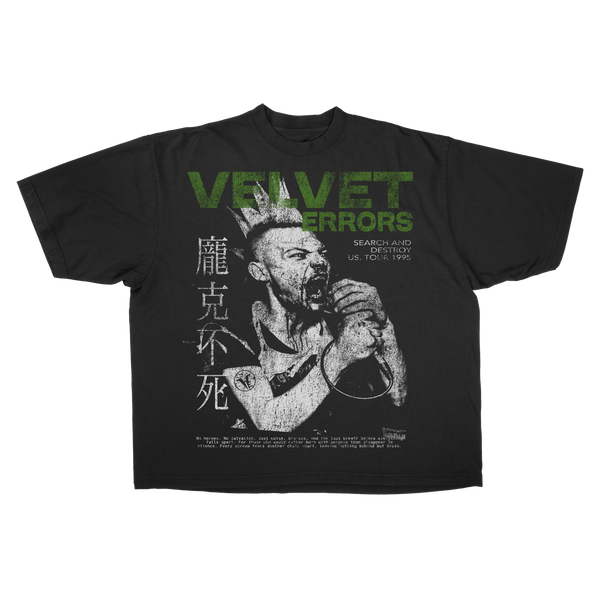 Black Search & Destroy Drop Tee by Velvet Errors featuring a casual fit and bold graphic design.