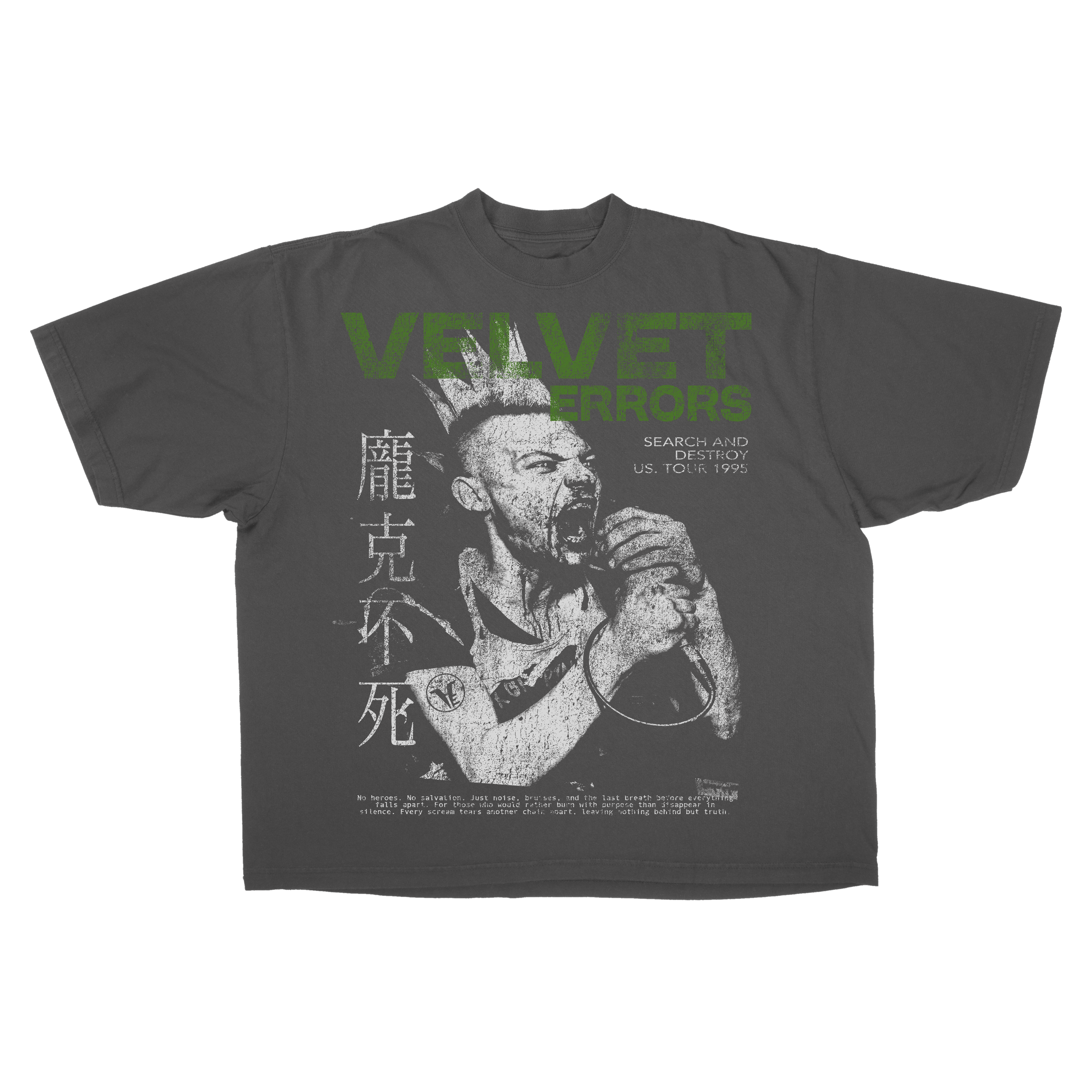 Black Search & Destroy Drop Tee by Velvet Errors, featuring a relaxed fit and bold graphic design on soft cotton fabric.