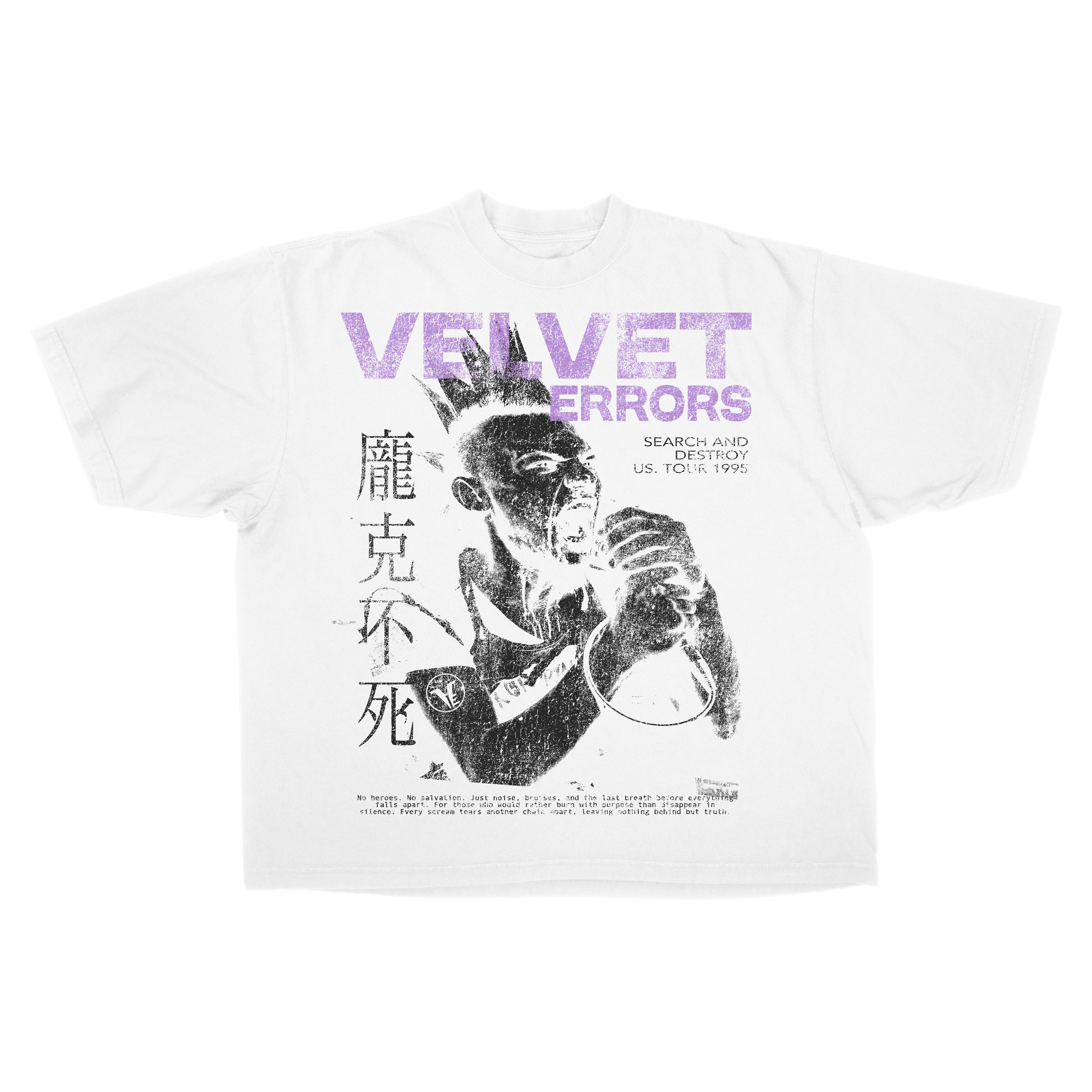 Black Search & Destroy Drop Tee by Velvet Errors, featuring a relaxed fit and bold graphic design on soft cotton fabric.
