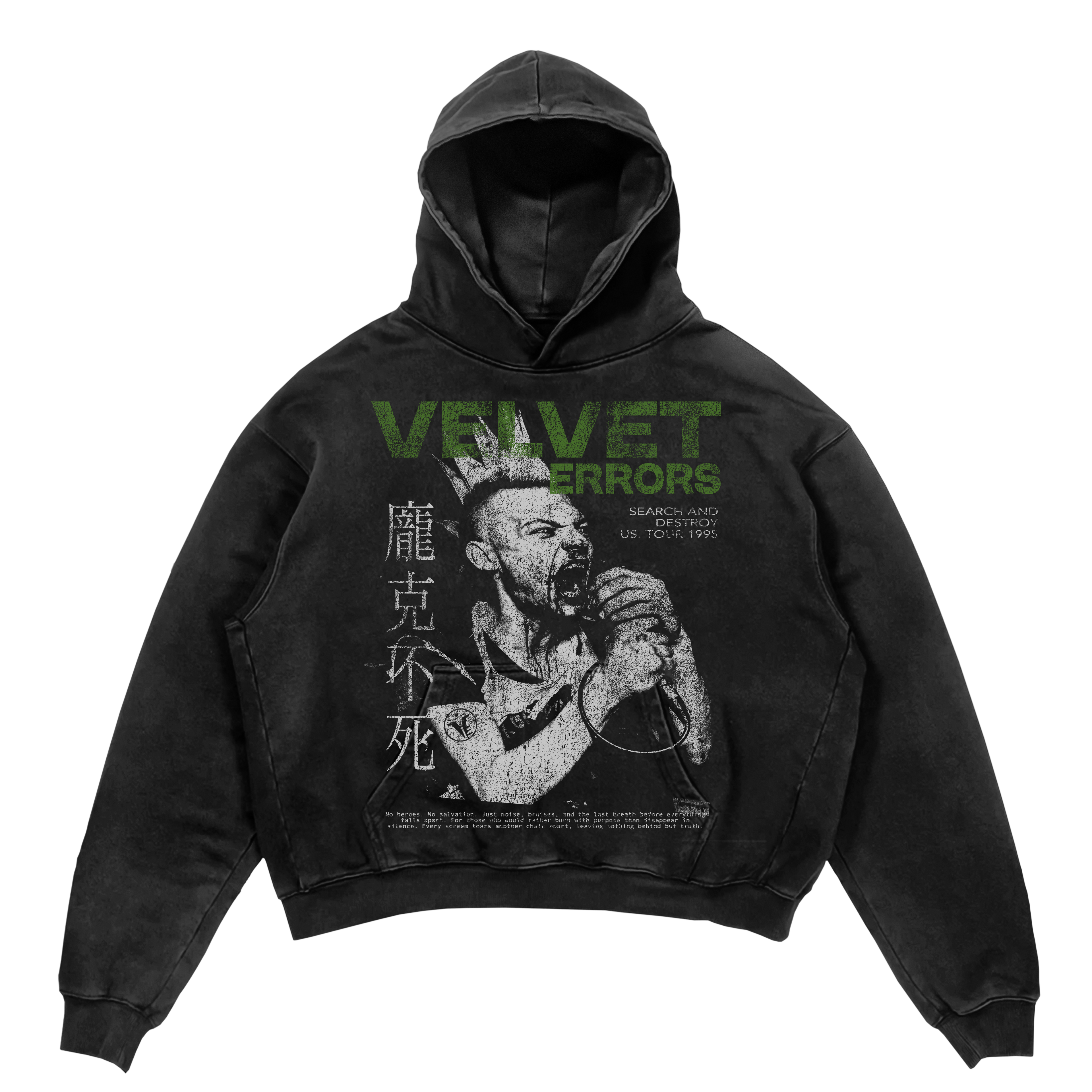 Black Search & Destroy hoodie by Velvet Errors featuring a comfortable fit and bold graphic design.