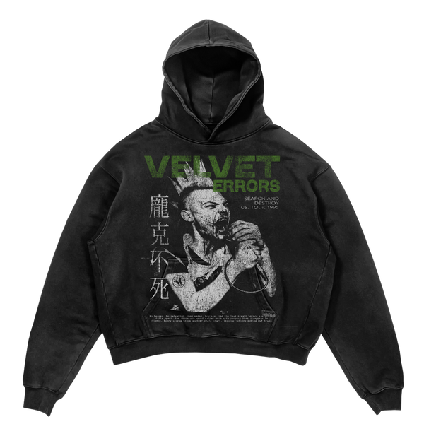 Black Search & Destroy hoodie by Velvet Errors featuring a comfortable fit and bold graphic design.