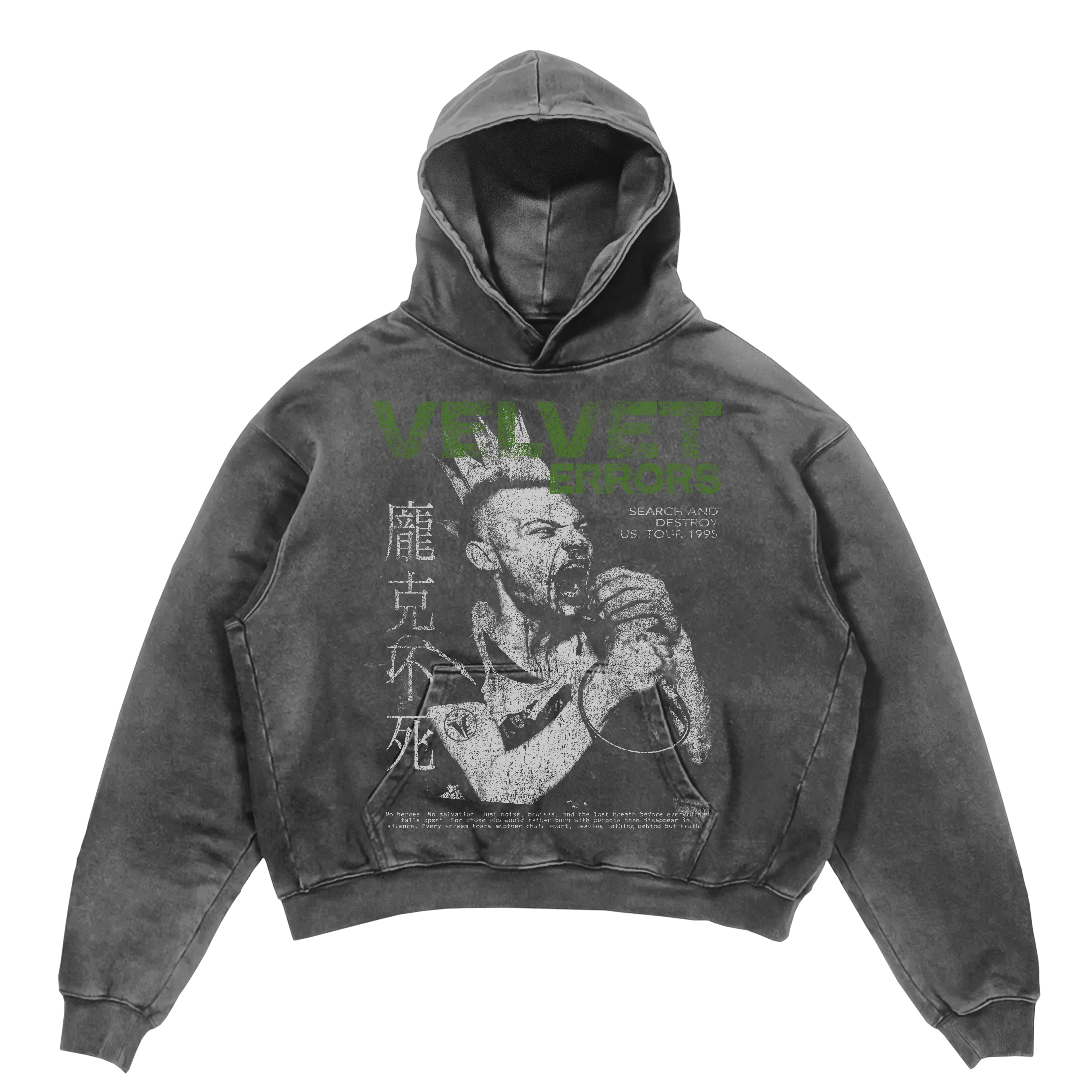 Black Search & Destroy hoodie by Velvet Errors featuring a casual fit and bold graphic design, perfect for streetwear style.