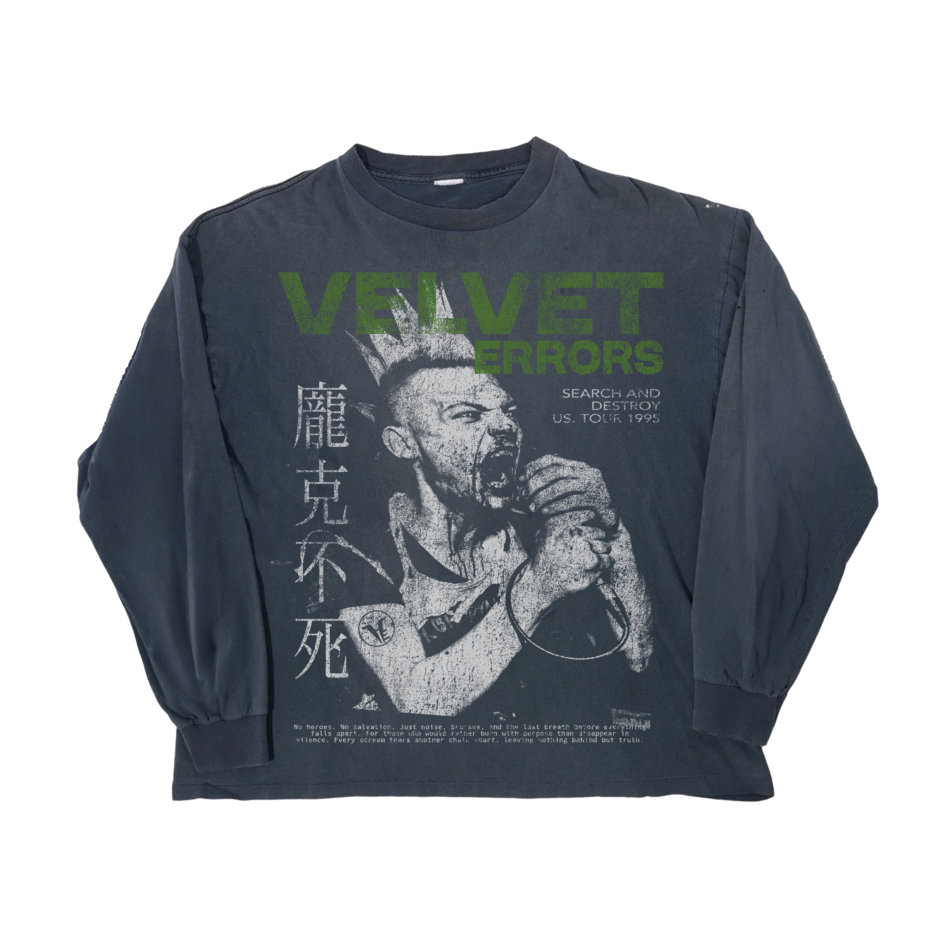 Black Velvet Errors Search & Destroy long sleeve shirt with graphic print on front, made from soft fabric.