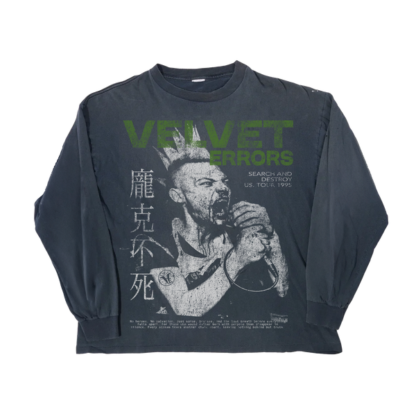 Black Velvet Errors Search & Destroy long sleeve shirt with graphic print on front, made from soft fabric.