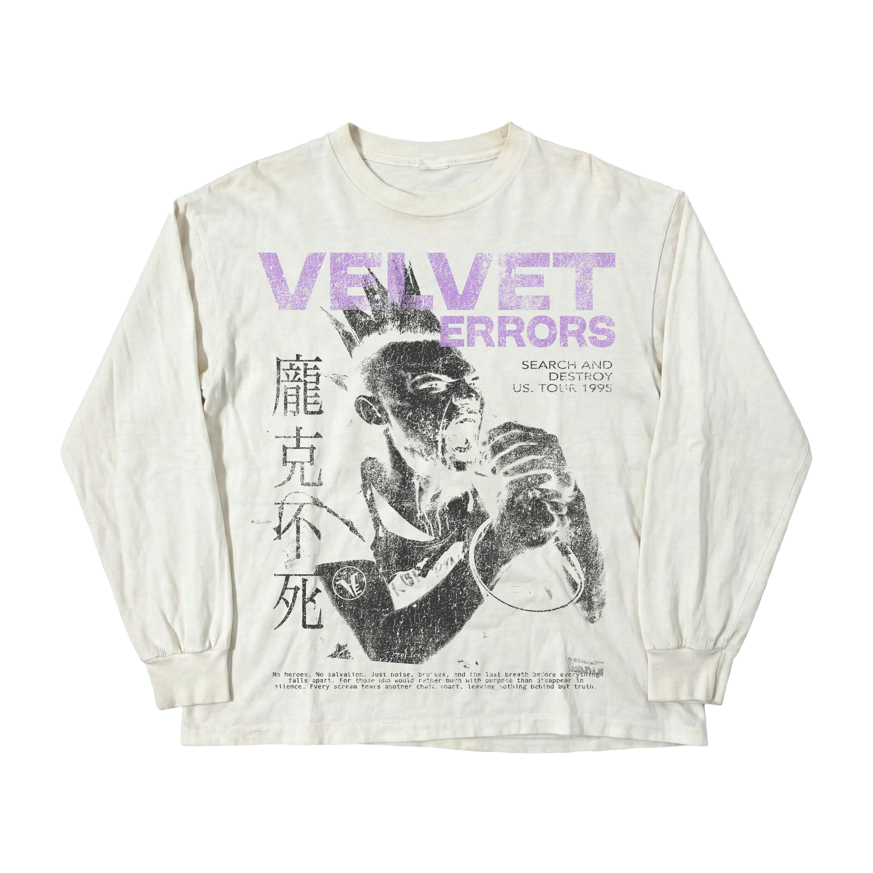 Black velvet Errors Search & Destroy long sleeve shirt with logo print, long sleeves, and casual fit.