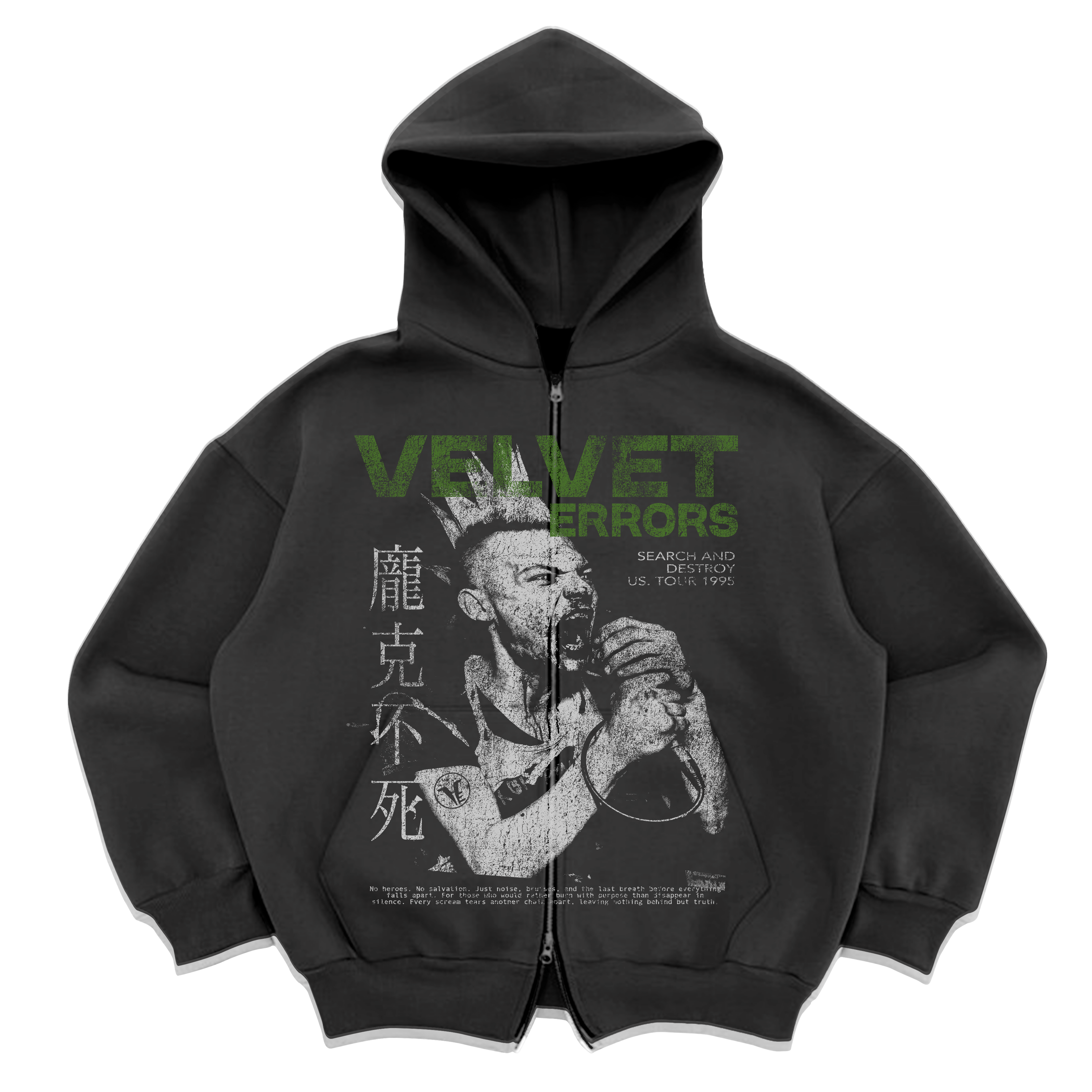 Black Velvet Errors Search & Destroy zip-up hoodie with front zipper and logo detail.
