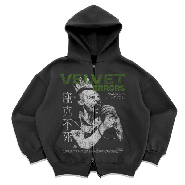 Black Velvet Errors Search & Destroy zip-up hoodie with front zipper and logo detail.