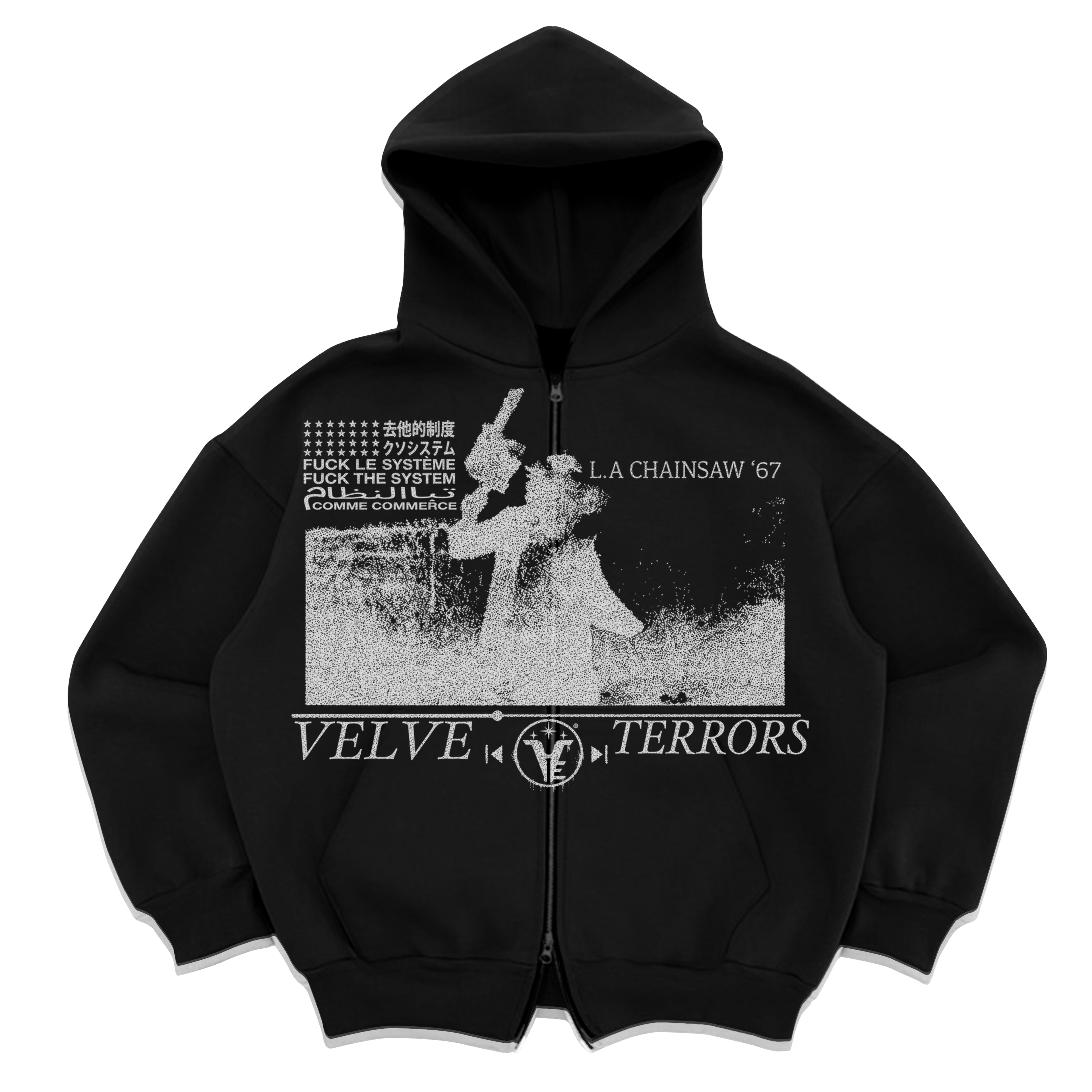 Small black velvet errors zip-up hoodie featuring the Terrors design from Velvet Errors.