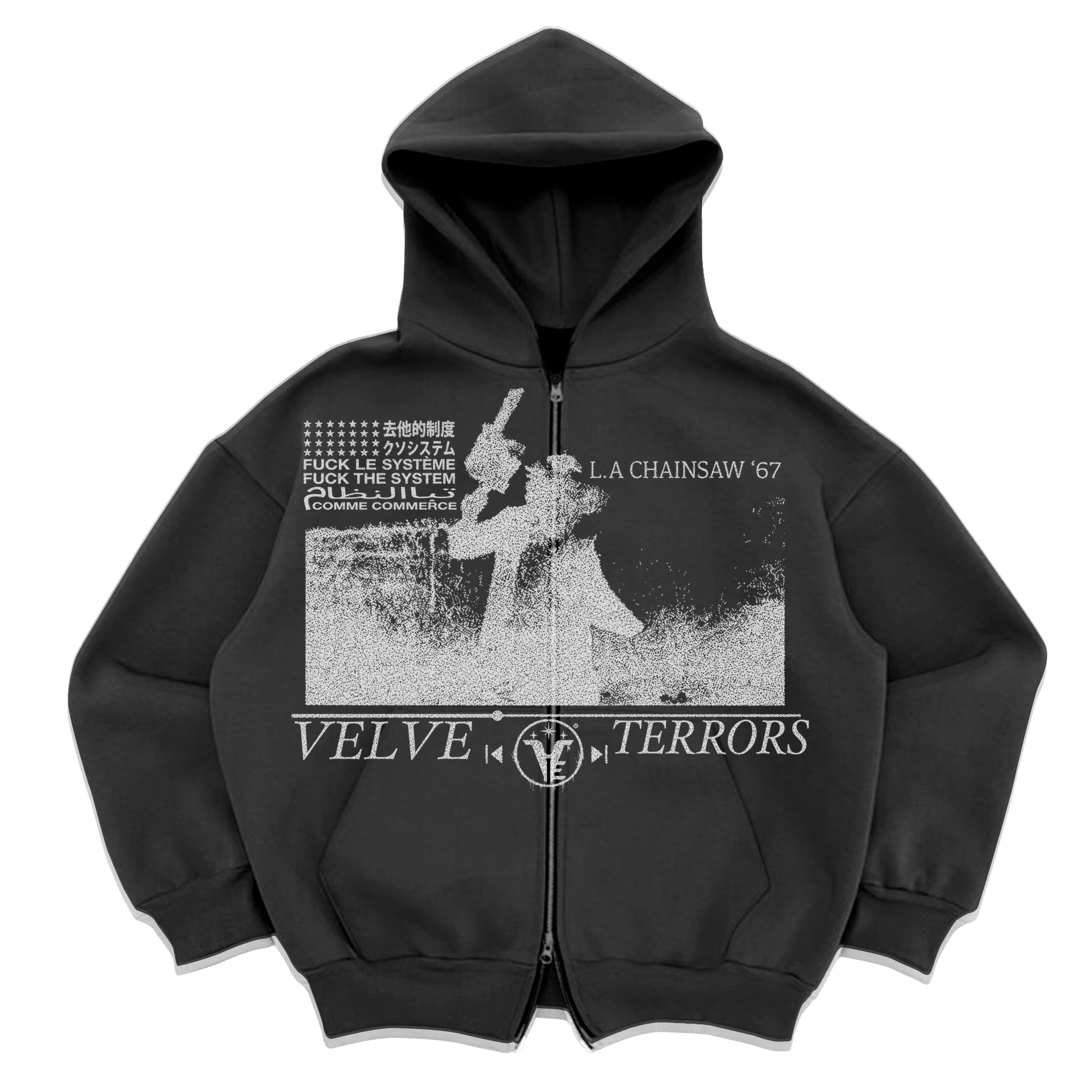 Small black velvet errors zip-up hoodie from Velvet Errors featuring a textured horror-themed design.