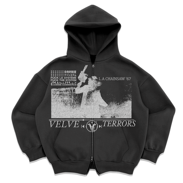 Small black velvet errors zip-up hoodie from Velvet Errors featuring a textured horror-themed design.