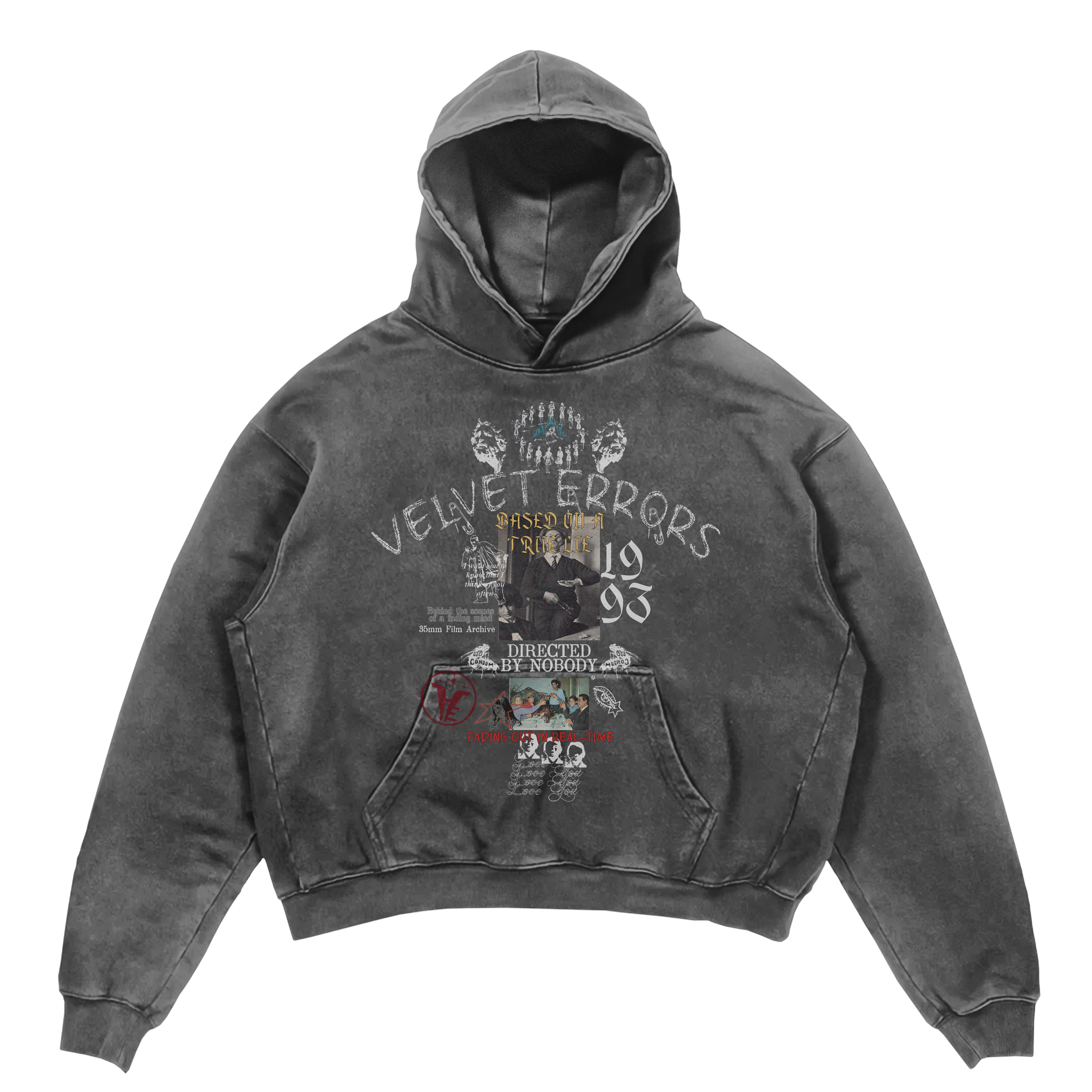 Black True Lies hoodie by Velvet Errors, featuring a soft fabric and casual fit, shown on a model.