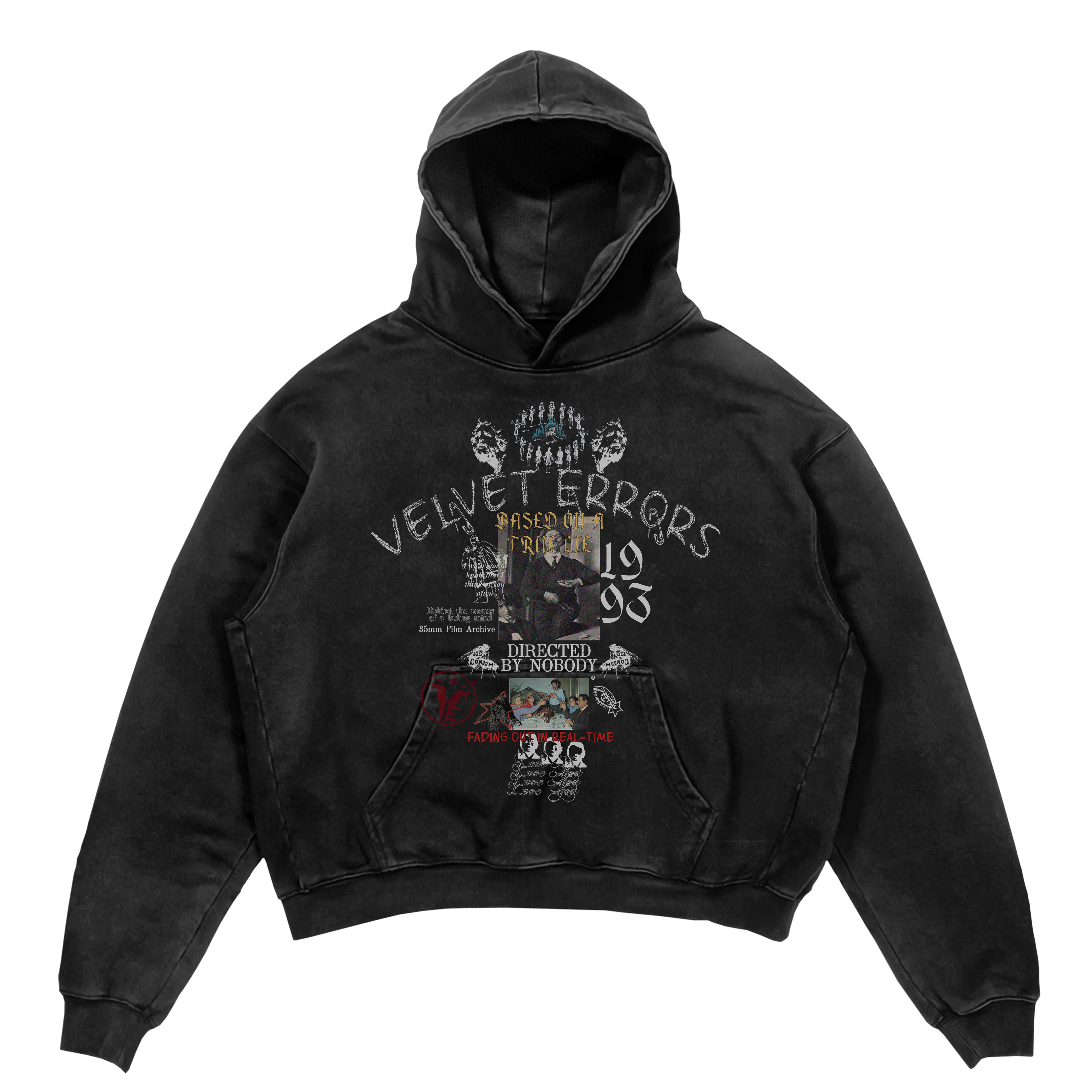 Black Velvet Errors True Lies hoodie with front logo, soft fabric, and casual fit shown on model.
