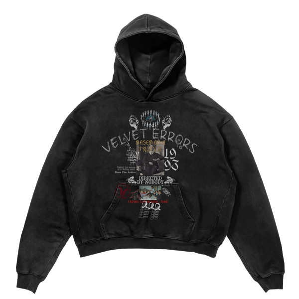 Black Velvet Errors True Lies hoodie with front logo, soft fabric, and casual fit shown on model.