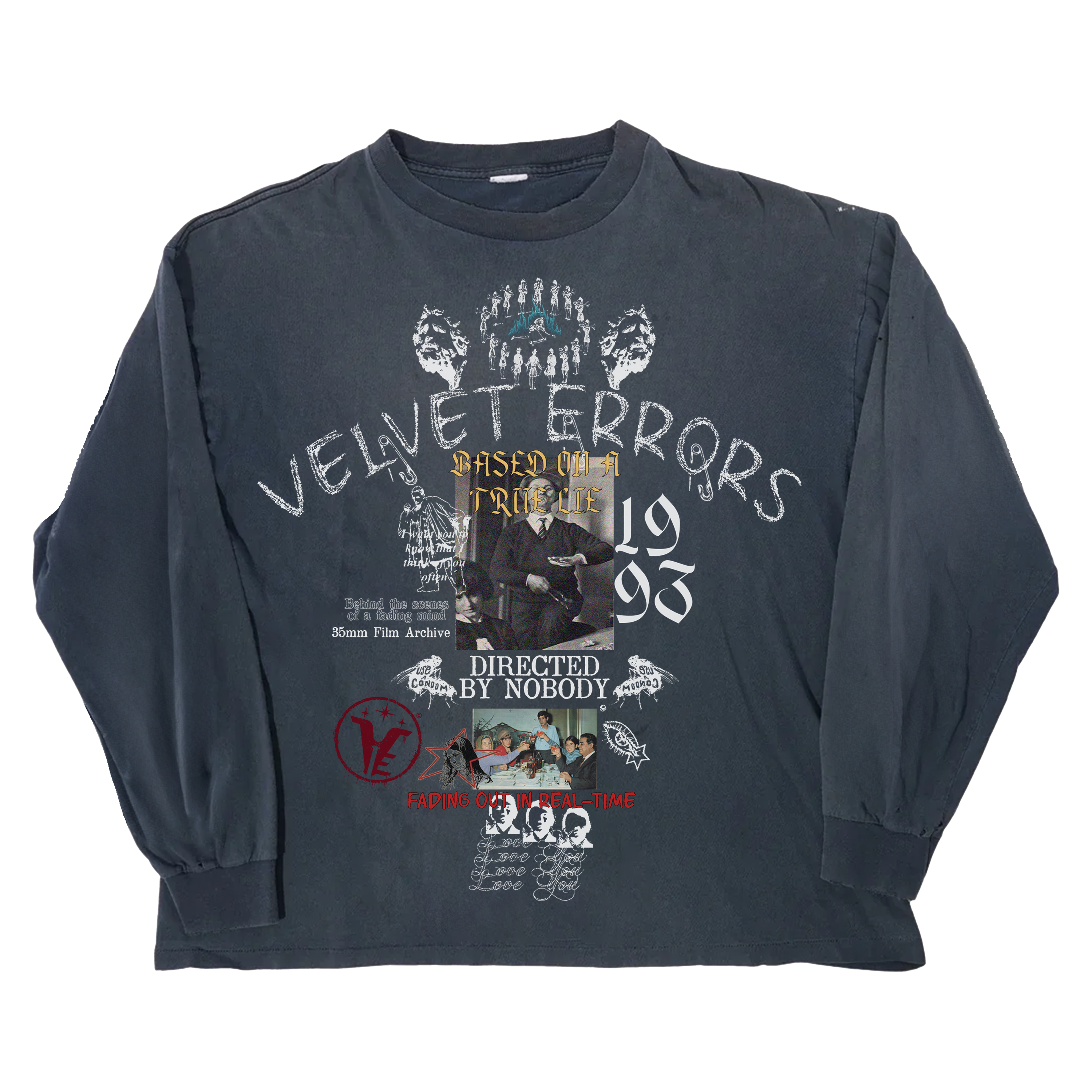 Black Velvet Errors True Lies long sleeve shirt with a fitted design and subtle branding, displayed on a hanger.