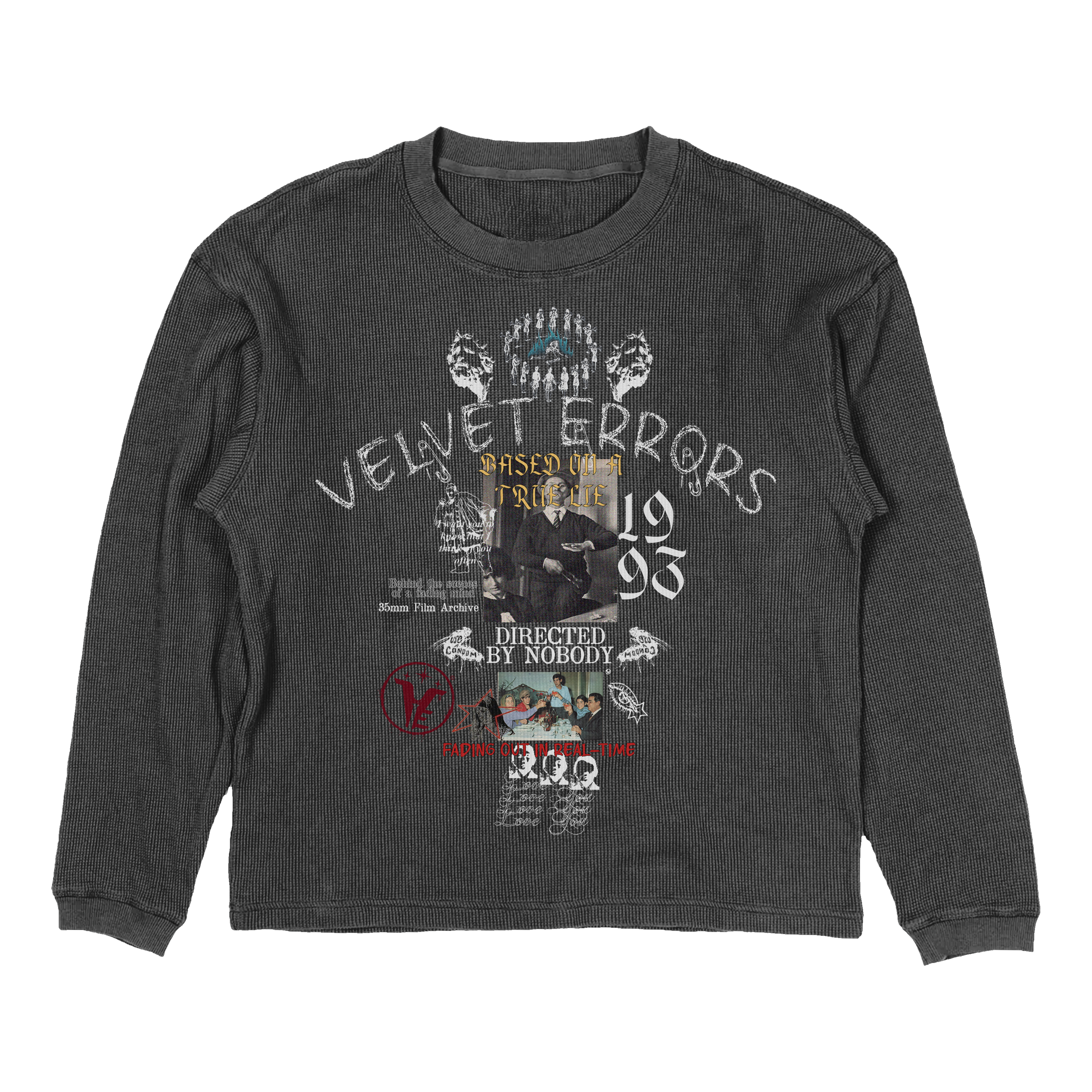 Small black velvet Errors True Lies thermal top, soft fabric with a fitted style, designed for warmth and comfort.