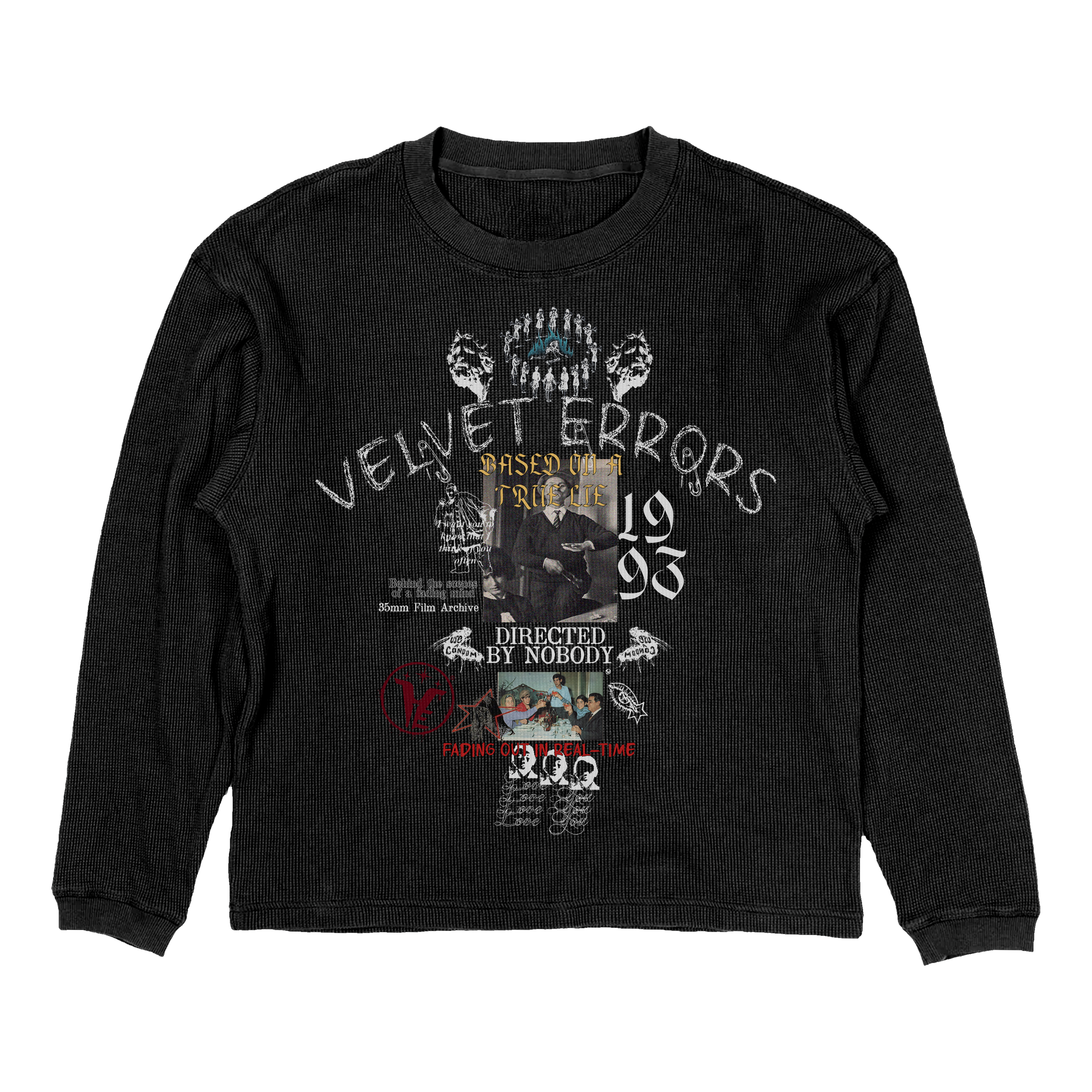 Small black Velvet Errors True Lies Thermal top shown on a hanger with a soft, cozy fabric texture.