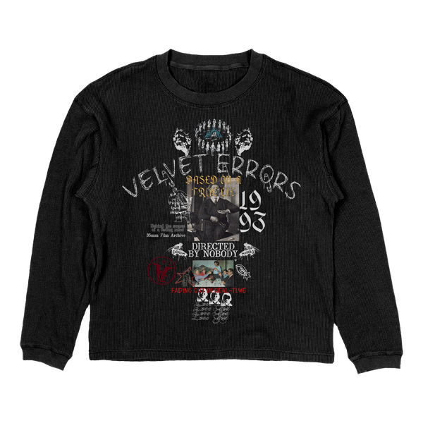 Small black Velvet Errors True Lies Thermal top shown on a hanger with a soft, cozy fabric texture.