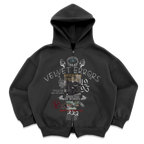 Velvet Errors True Lies zip-up jacket in black, featuring a front zipper and soft velvet fabric for a stylish, casual look.