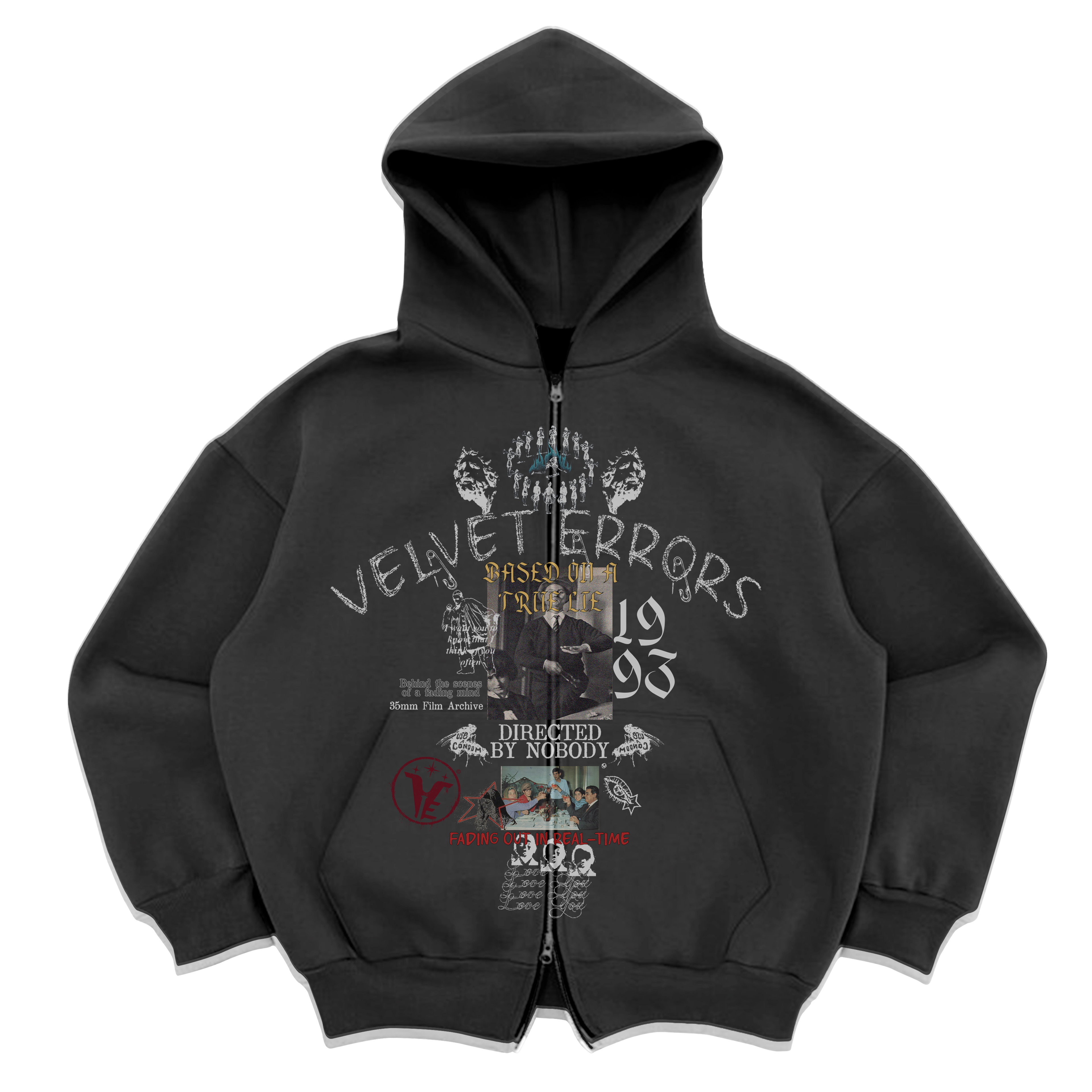 Velvet Errors True Lies zip-up jacket in black, featuring a front zipper and soft velvet fabric for a stylish, casual look.