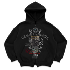 Black Velvet Errors True Lies zip-up hoodie with front zipper and casual fit, shown on a model.