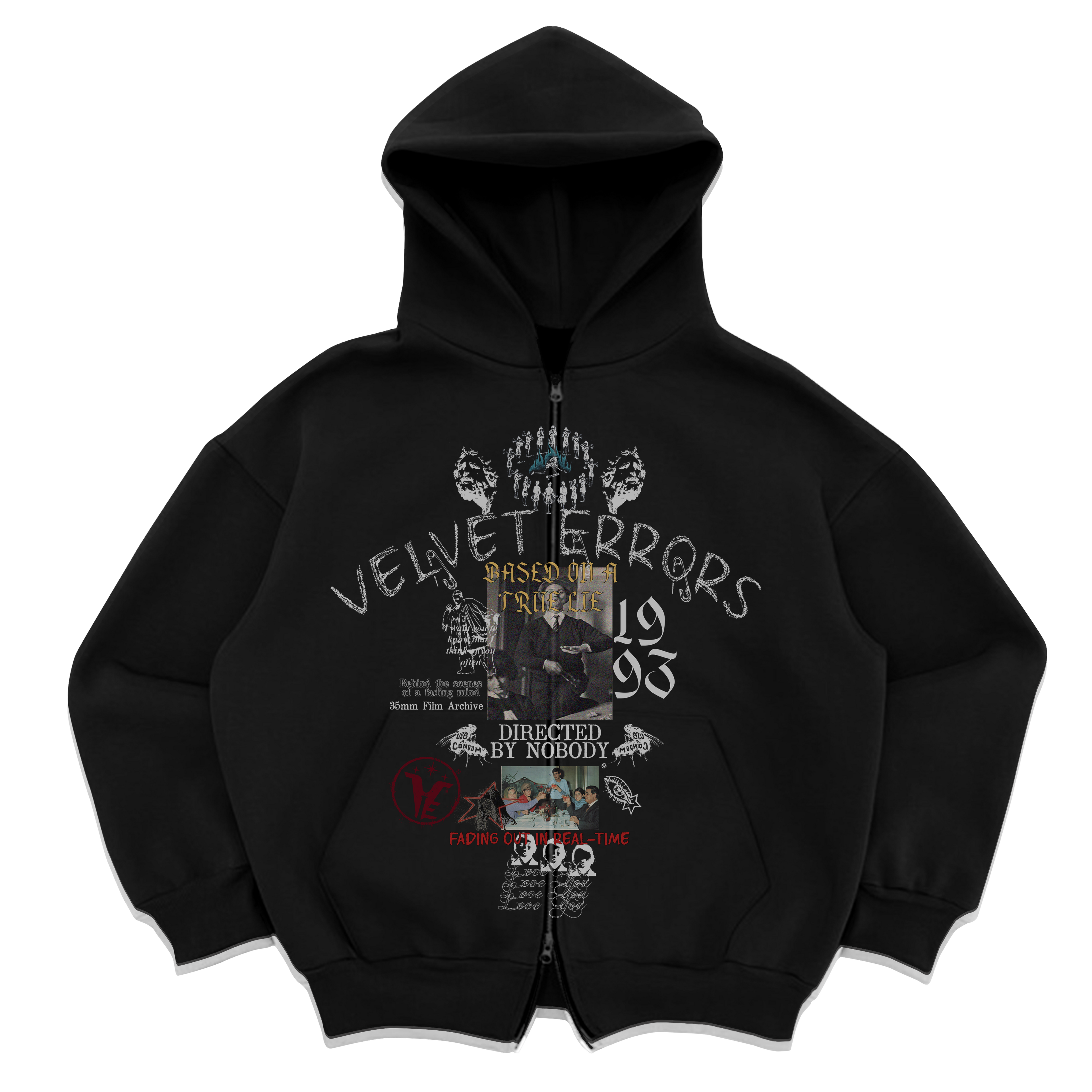 Black Velvet Errors True Lies zip-up hoodie with front zipper and casual fit, shown on a model.