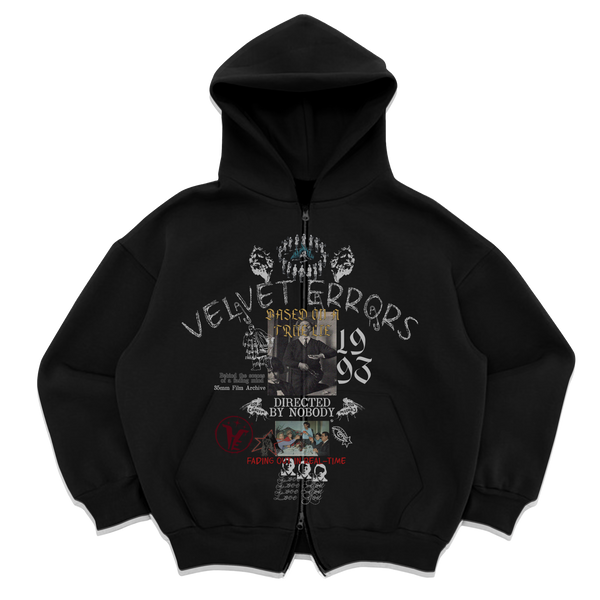 Black Velvet Errors True Lies zip-up hoodie with front zipper and casual fit, shown on a model.