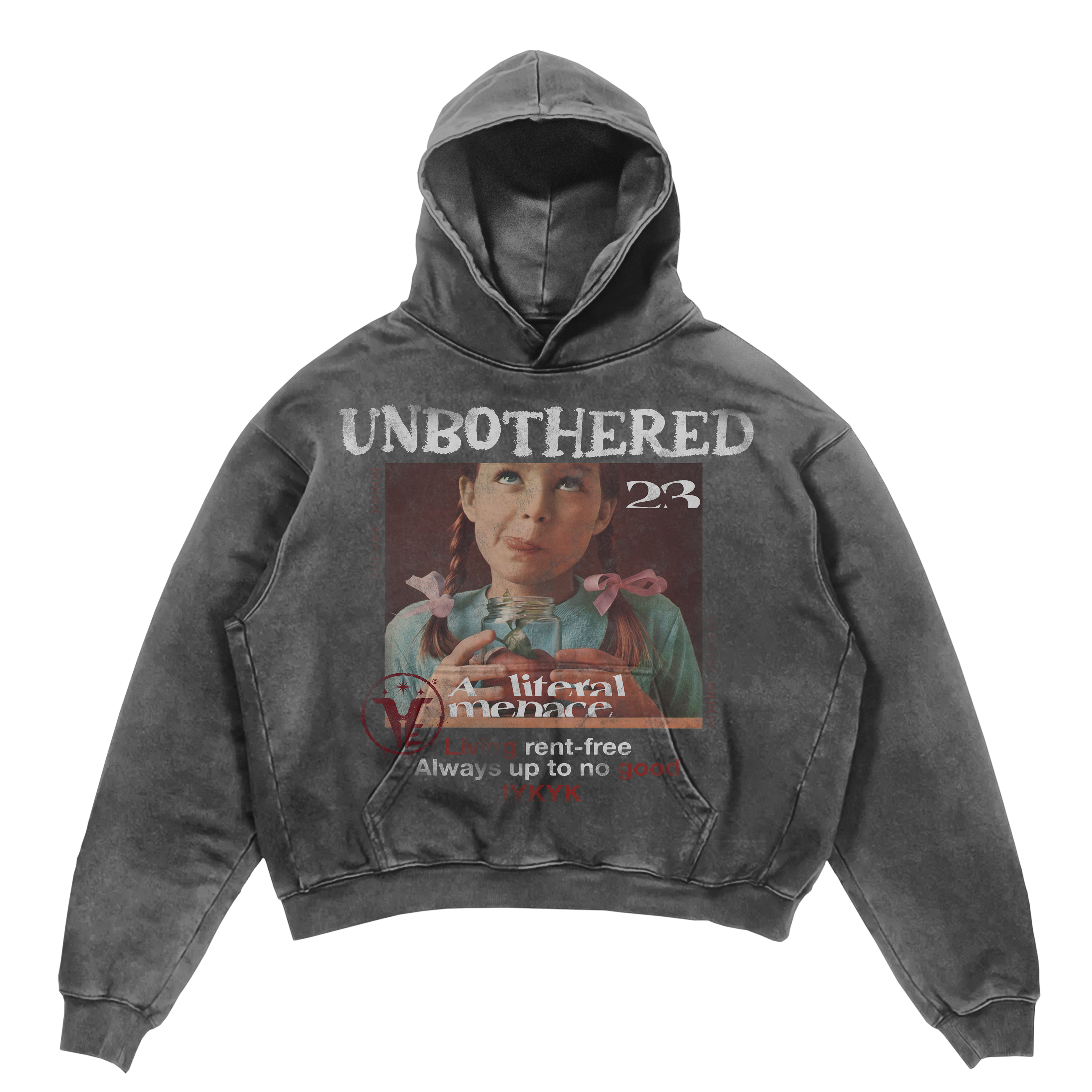 Black Velvet Errors Unbothered Hoodie featuring a soft fabric and relaxed fit, displayed on a hanger.