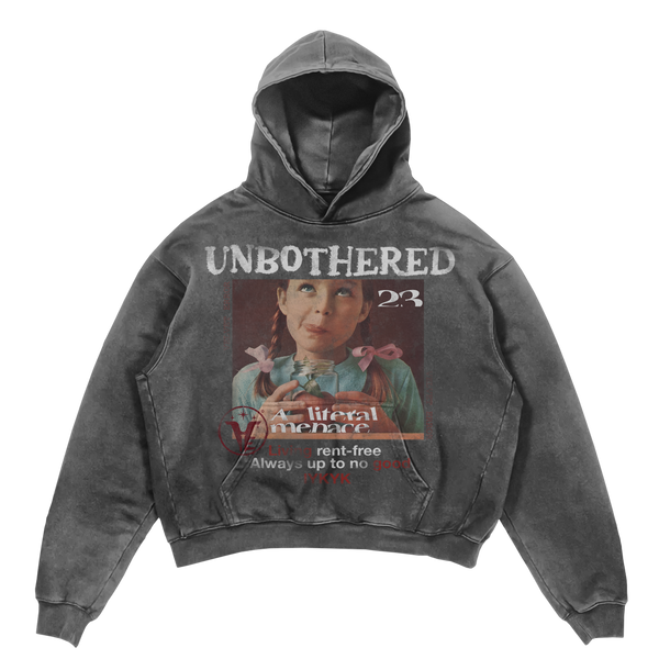 Black Velvet Errors Unbothered Hoodie featuring a soft fabric and relaxed fit, displayed on a hanger.