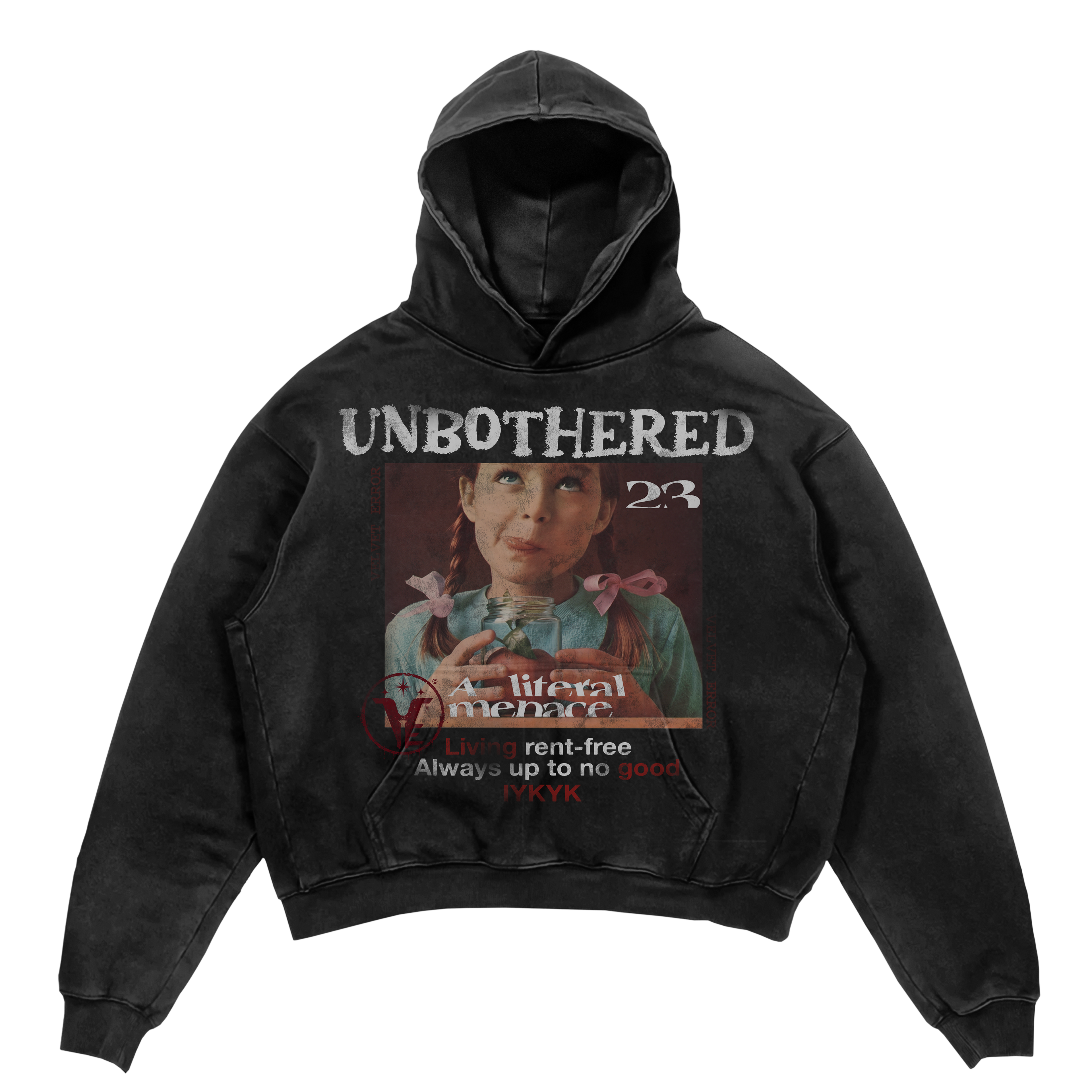 Black Velvet Errors Unbothered hoodie with a soft fabric and relaxed fit, shown flat on a white background.