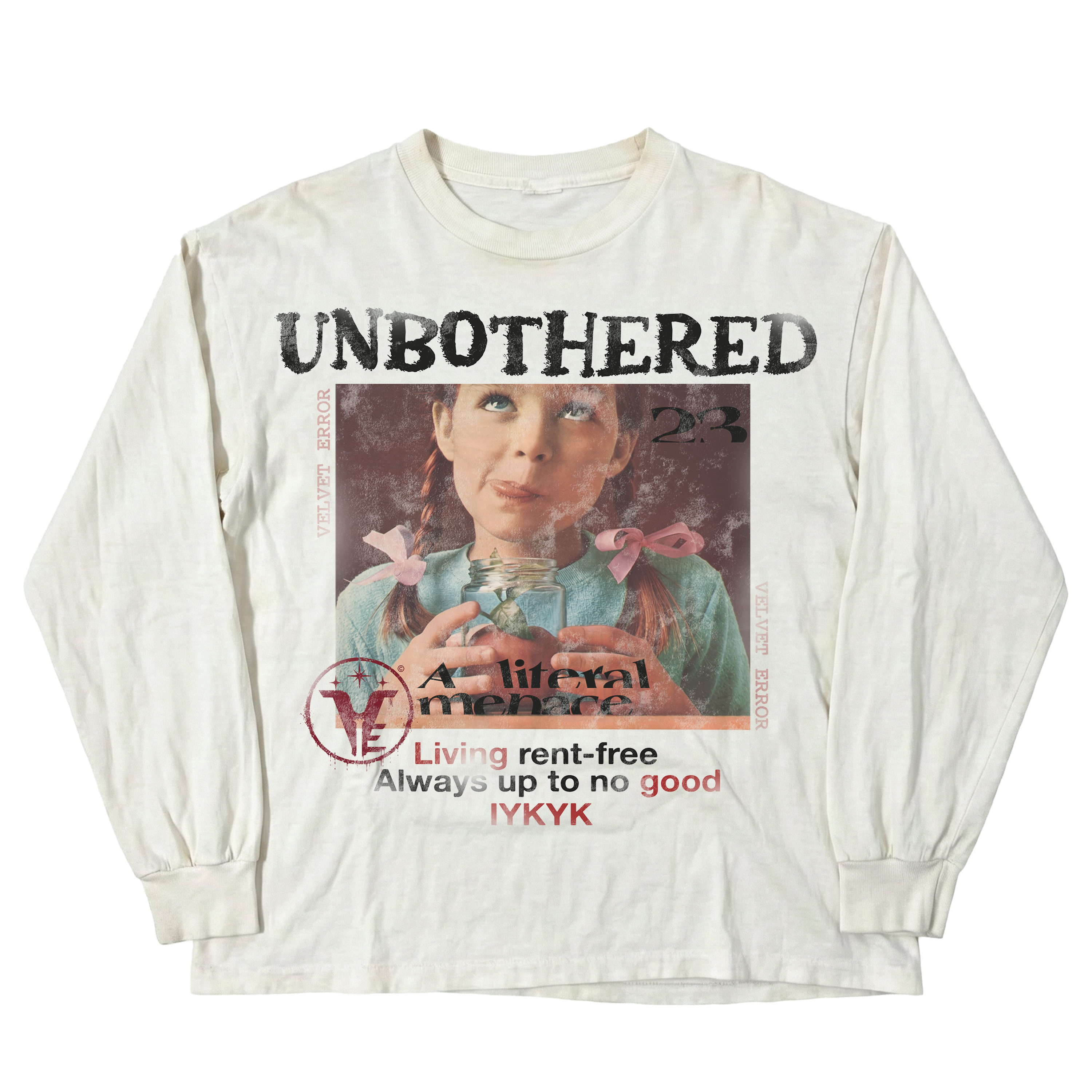 Black Velvet Errors Unbothered long sleeve shirt with a relaxed fit, displayed on a white background.
