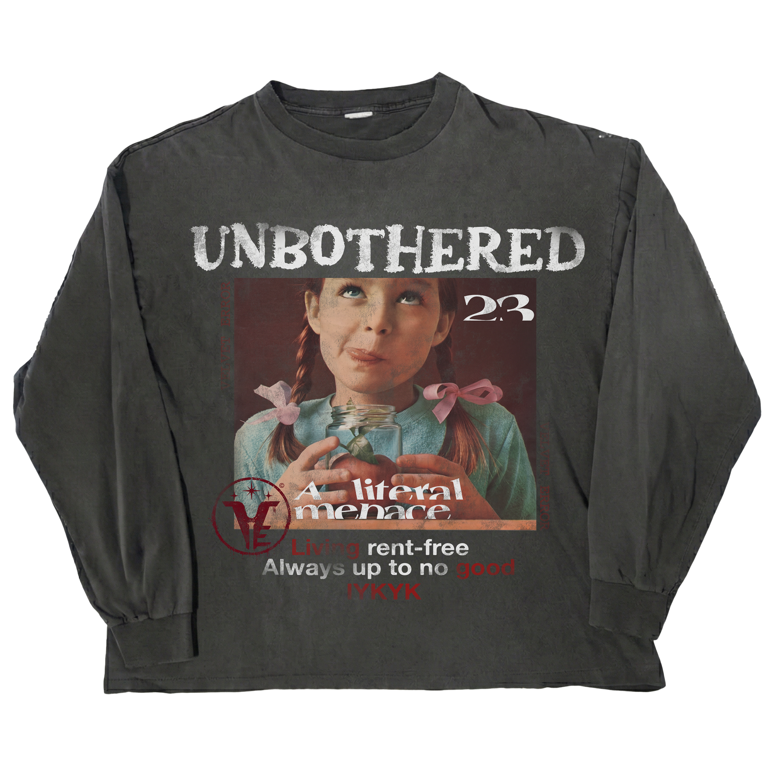 Black Velvet Errors Unbothered long sleeve shirt displayed on a hanger, showcasing soft fabric and relaxed fit.