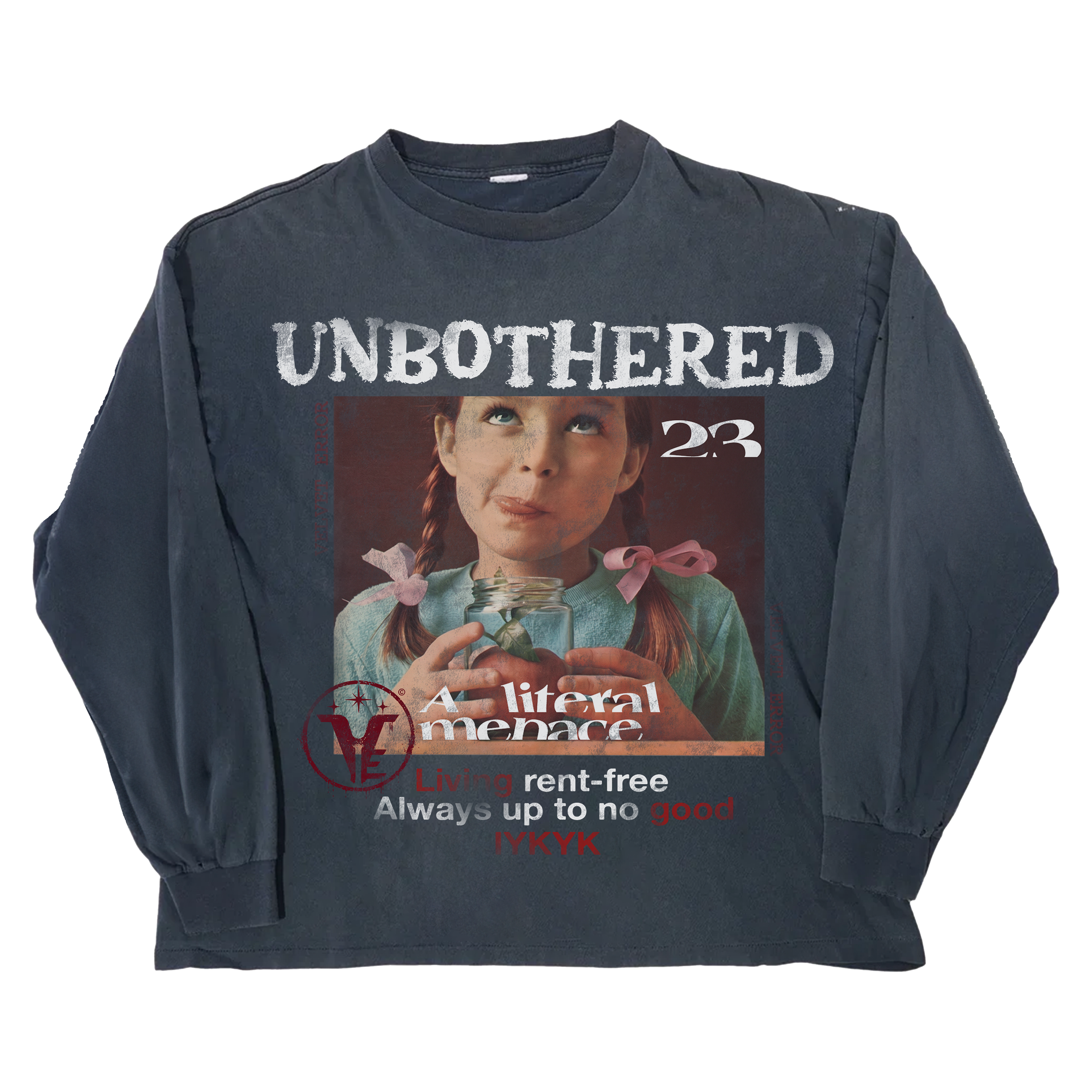 Black Velvet Errors Unbothered long sleeve shirt with a relaxed fit, shown on a model with subtle branding details visible.