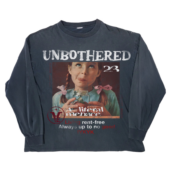 Black Velvet Errors Unbothered long sleeve shirt with a relaxed fit, shown on a model with subtle branding details visible.