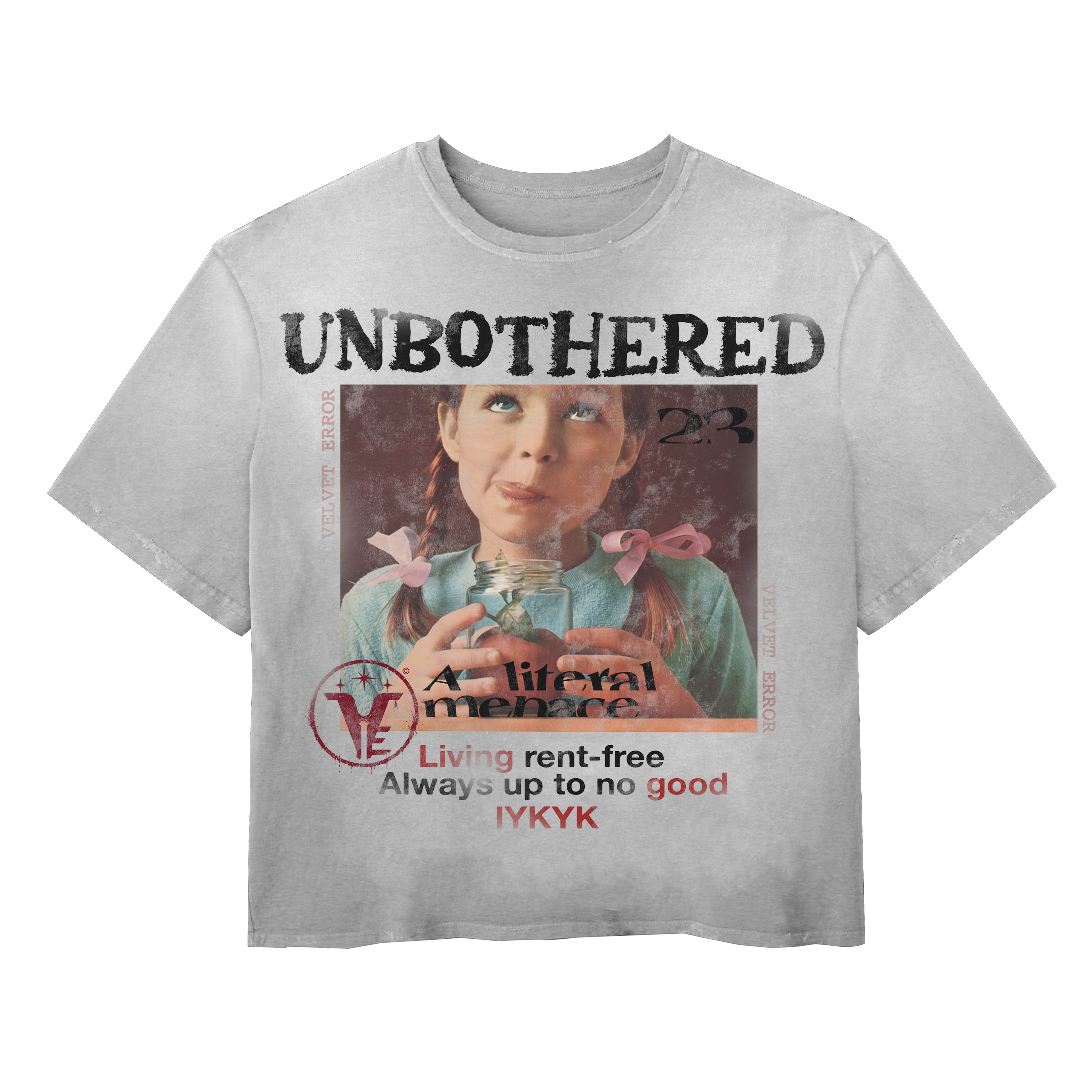 Small black Unbothered Wash Tee by Velvet Errors laid flat, showing the front with the brand's minimalist design.