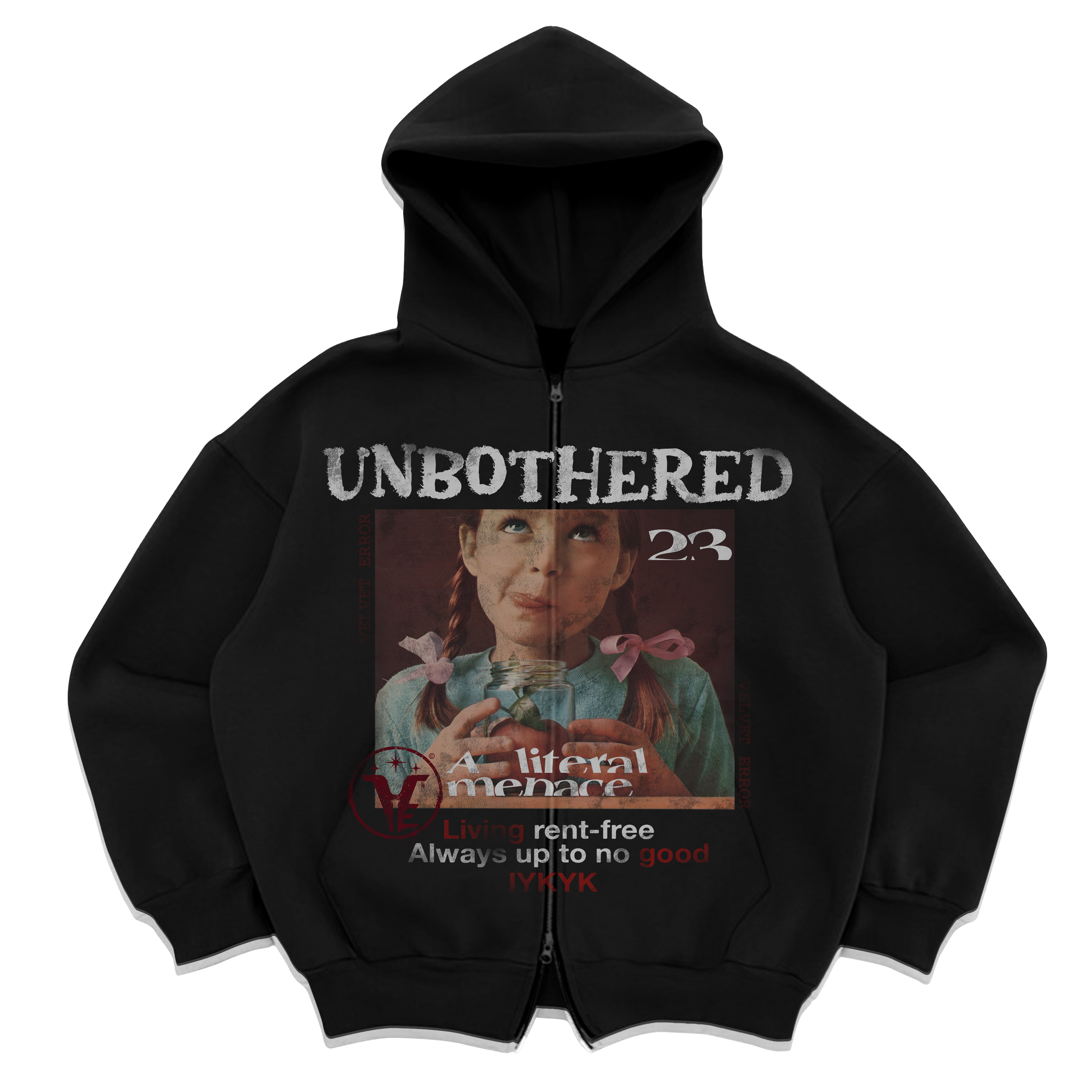 Black Velvet Errors Unbothered zip-up hoodie with front zipper and casual fit.