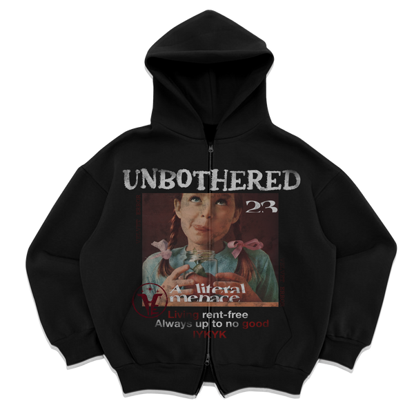 Black Velvet Errors Unbothered zip-up hoodie with front zipper and casual fit.