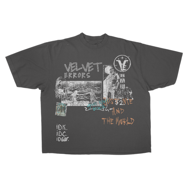 Black Velvet Errors Velvet Sins Drop Tee featuring a relaxed fit and soft velvet fabric laid flat.