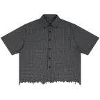 Light blue Velvet Errors blank distress button-up shirt with a casual, worn-in look and distressed details on the fabric.