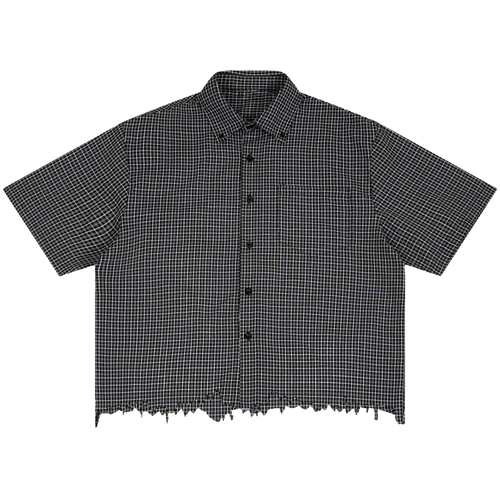 Light blue Velvet Errors blank distress button-up shirt with a casual, worn-in look and distressed details on the fabric.