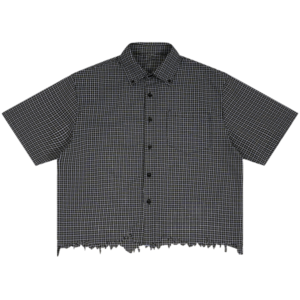 Light blue Velvet Errors blank distress button-up shirt with a casual, worn-in look and distressed details on the fabric.