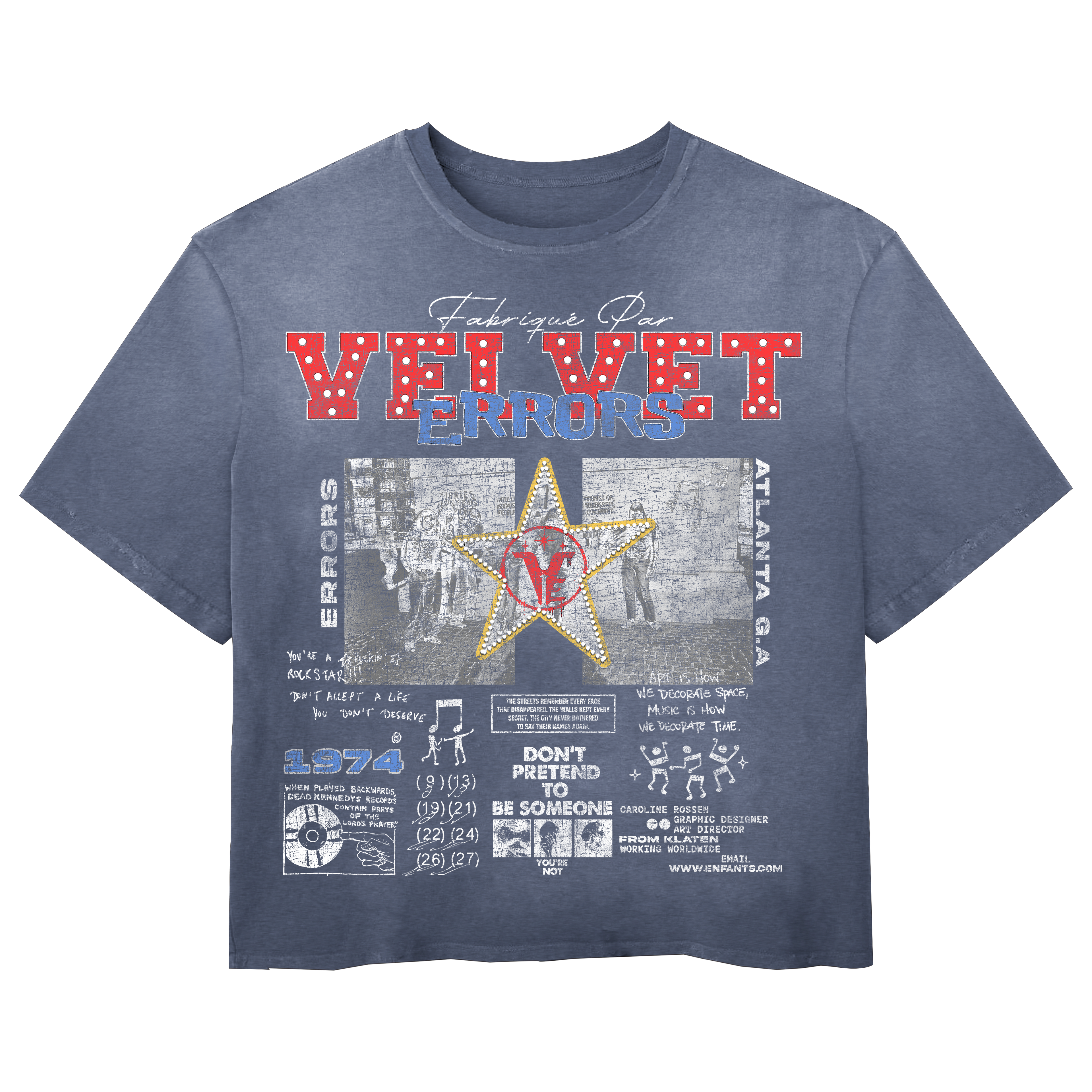 Small blue Don't Pretend Wash Tee by Velvet Errors, casual cotton t-shirt with graphic print on front.