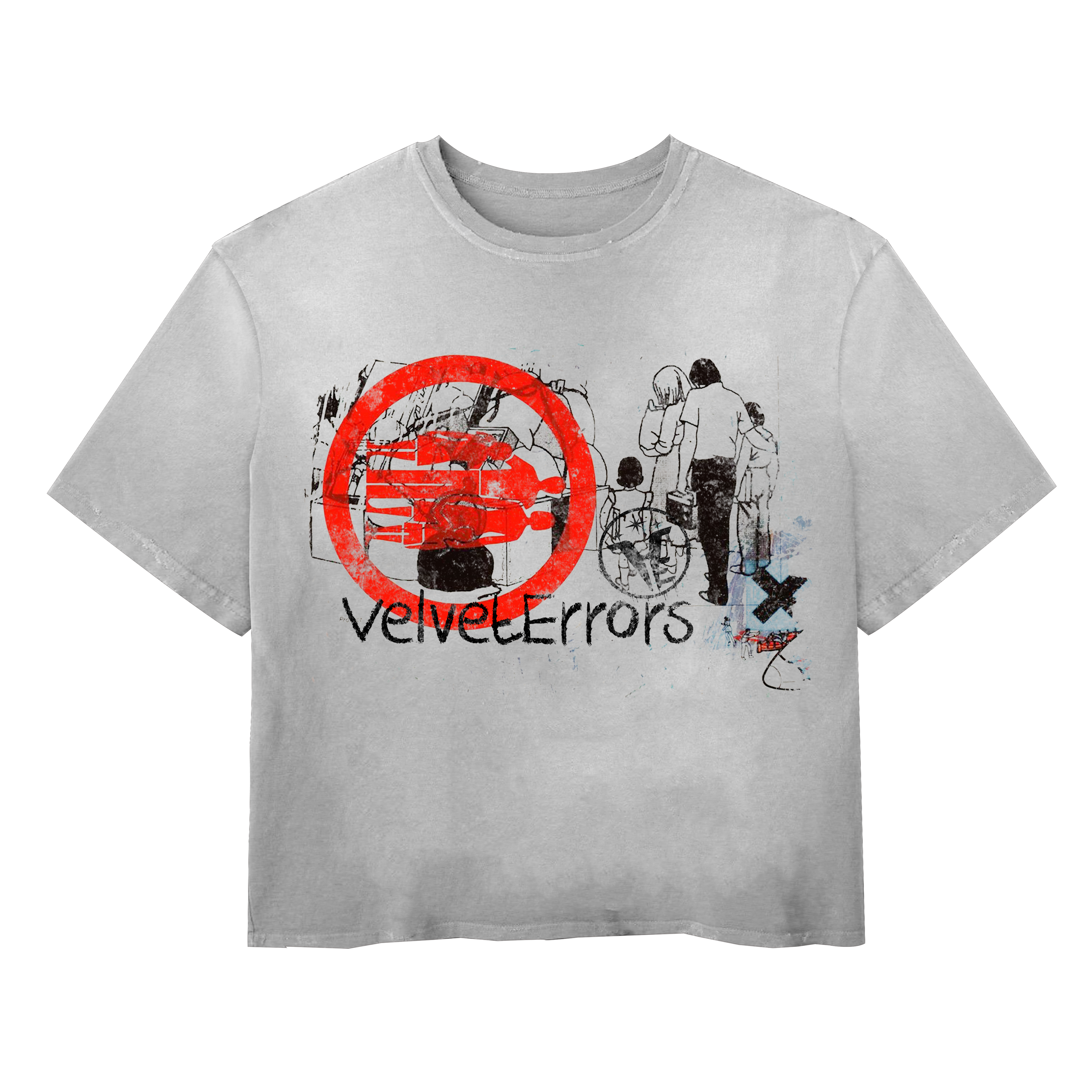 Small blue Velvet Errors Fragments Wash Tee displayed on a hanger, showcasing its casual fit and textured fabric.