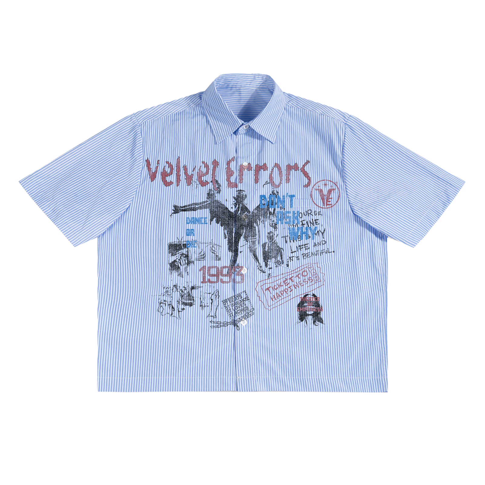 Velvet Errors Dance or Die button-up shirt with bold graphic design, long sleeves, and classic collar for stylish casual wear.